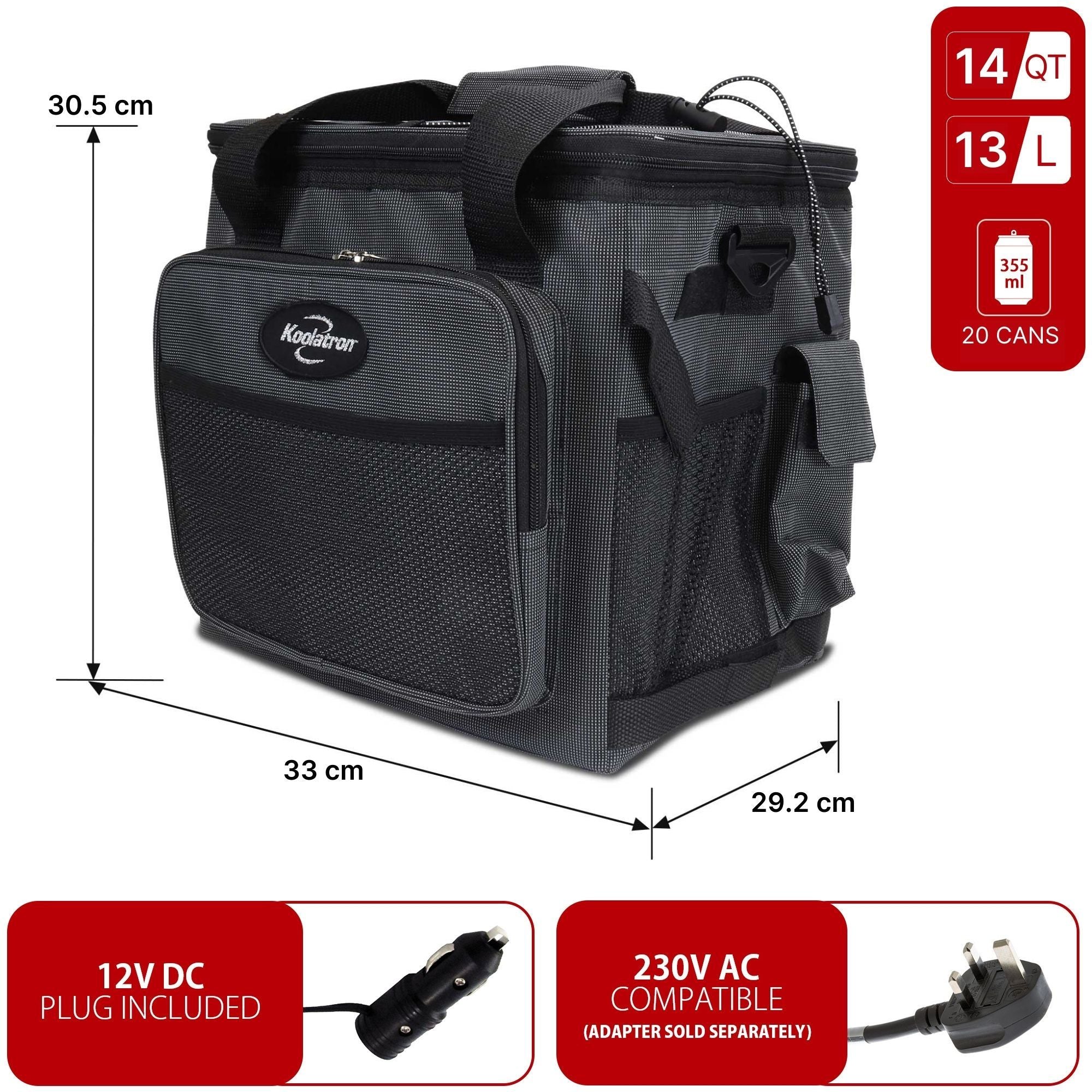 Koolatron 12V travel fridge, closed on a white background with dimensions and capacity labeled. Two inset images below show power adapters with text reading "12V DC plug included; AC compatible (adapter sold separately)"