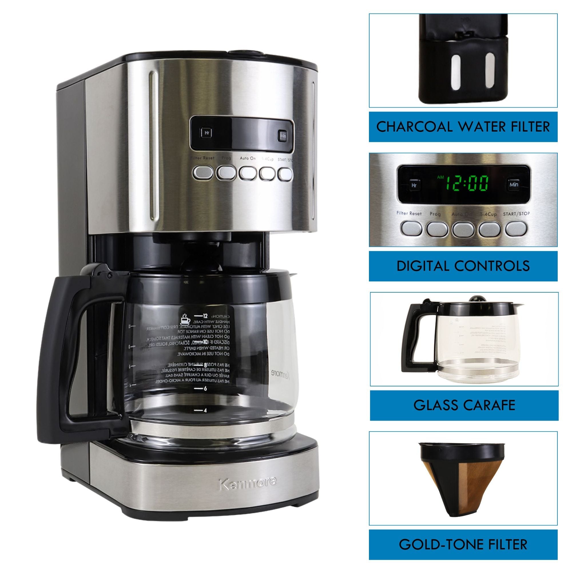 Kenmore Coffee Maker 12-Cup Filter Coffee Machine 1.8L Programmable Timer Drip Coffee Machine Black Kenmore