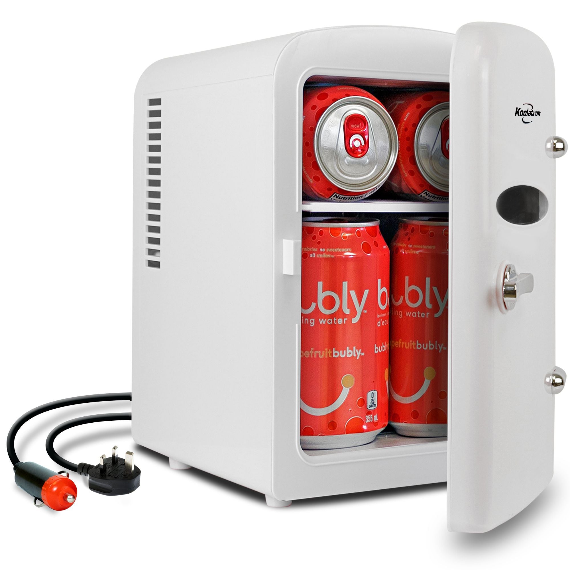 Koolatron Retro Mini Portable Fridge, 4L Compact Refrigerator for Skincare, Beauty Serum, Face Mask, Personal Cooler, Includes 12V and AC Cords, Desktop Accessory for Home Office Dorm Travel, White