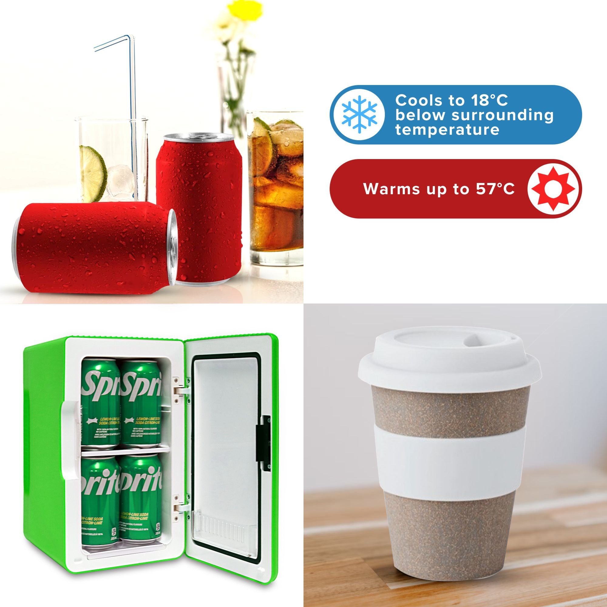 Three images show soft drink cans and glasses of coke; Koolatron 8 can cooler/warmer open with 4 coke cans visible inside; and a takeaway coffee cup on a wooden tabletop. Text reads, "Cools to 18°C below surrounding temperature; Warms up to 57°C"