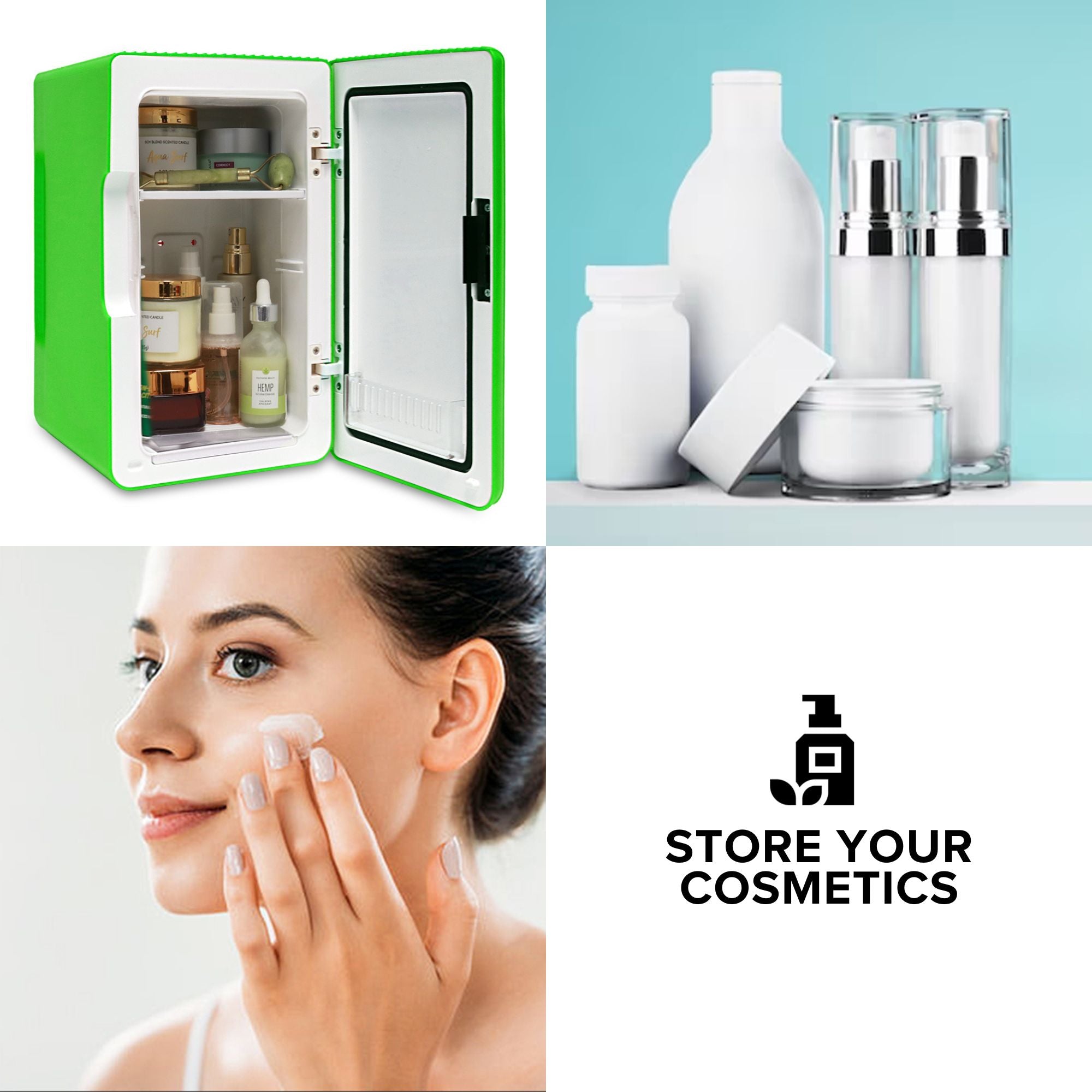 Three images show the Koolatron 6 L mini fridge open and filled with cosmetics & skincare items; white bottles and jars of beauty products on a light blue background; and a person with light skin, dark hair, and manicured fingernails applying cream to their cheek. Text reads, "Store your cosmetics"