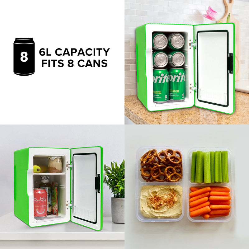 Three images show the Koolatron cooler/warmer open and filled with cans of coke on a light brown kitchen countertop; snack containers with pretzels, celery sticks, baby carrots, and hummus dip; and the mini fridge open and filled with a banana, yogurt cup, soft drink can, applesauce pouch, and bottle of medicine. Text reads, "6L capacity; fits 8 cans"