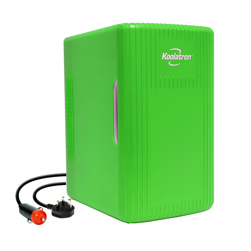 Koolatron 6 liter mini fridge, closed, with AC and DC power cords visible, on a white background
