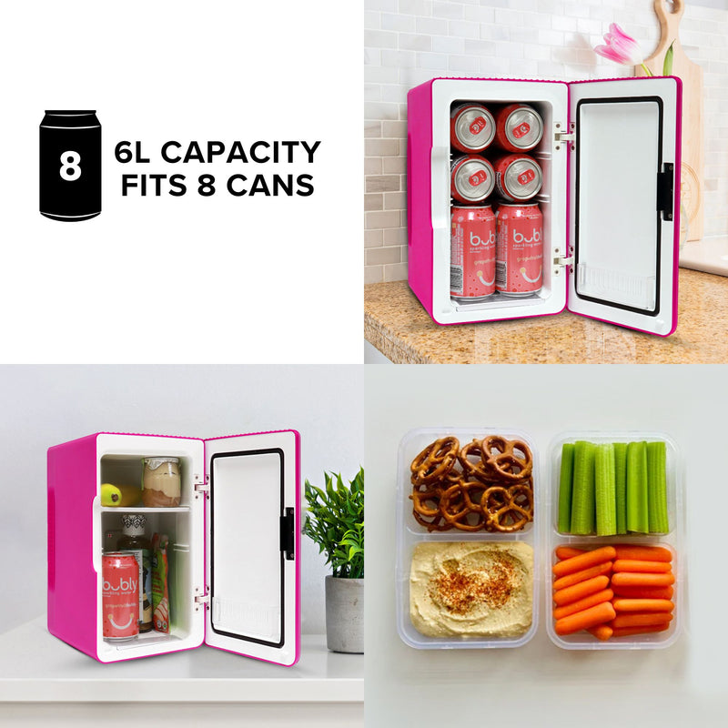 Three images show the Koolatron cooler/warmer open and filled with cans of coke on a light brown kitchen countertop; snack containers with pretzels, celery sticks, baby carrots, and hummus dip; and the mini fridge open and filled with a banana, yogurt cup, soft drink can, applesauce pouch, and bottle of medicine. Text reads, "6L capacity; fits 8 cans"
