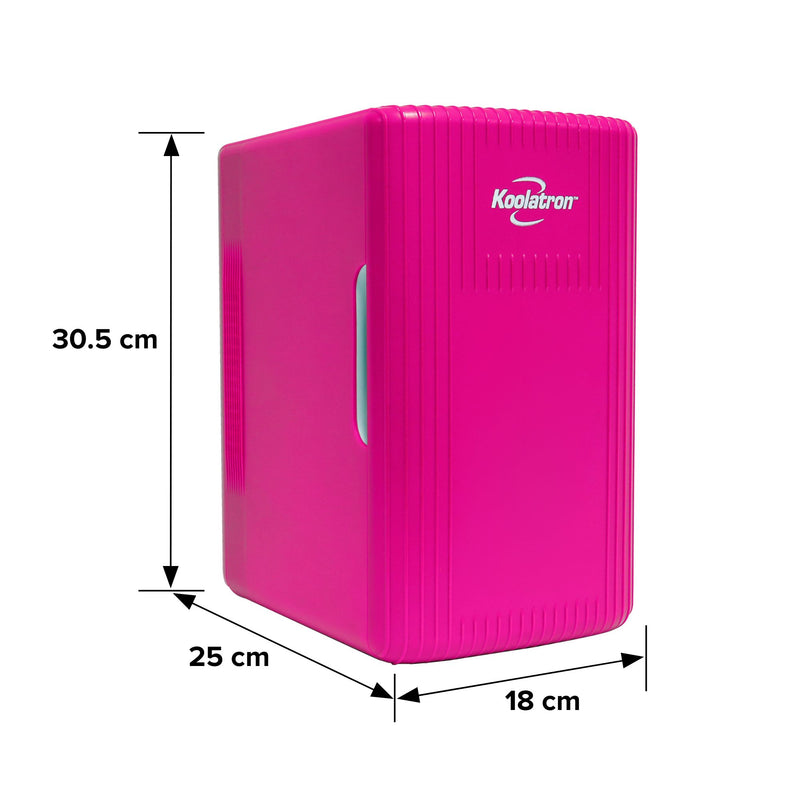 Koolatron 6 litre mini fridge, closed, with dimensions labeled, on a white background