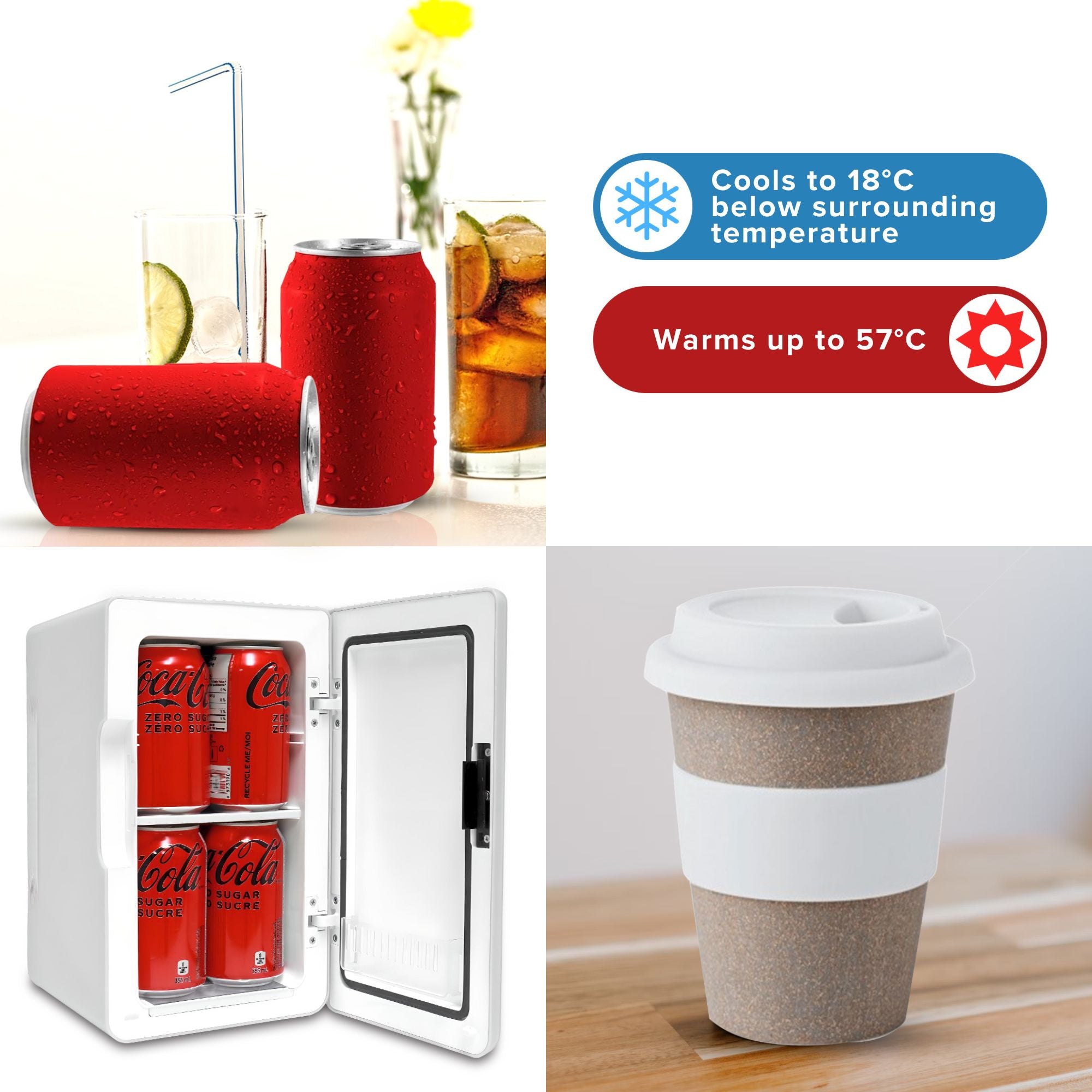 Three images show soft drink cans and glasses of coke; Koolatron 8 can cooler/warmer open with 4 coke cans visible inside; and a takeaway coffee cup on a wooden tabletop. Text reads, "Cools to 18°C below surrounding temperature; Warms up to 57°C"