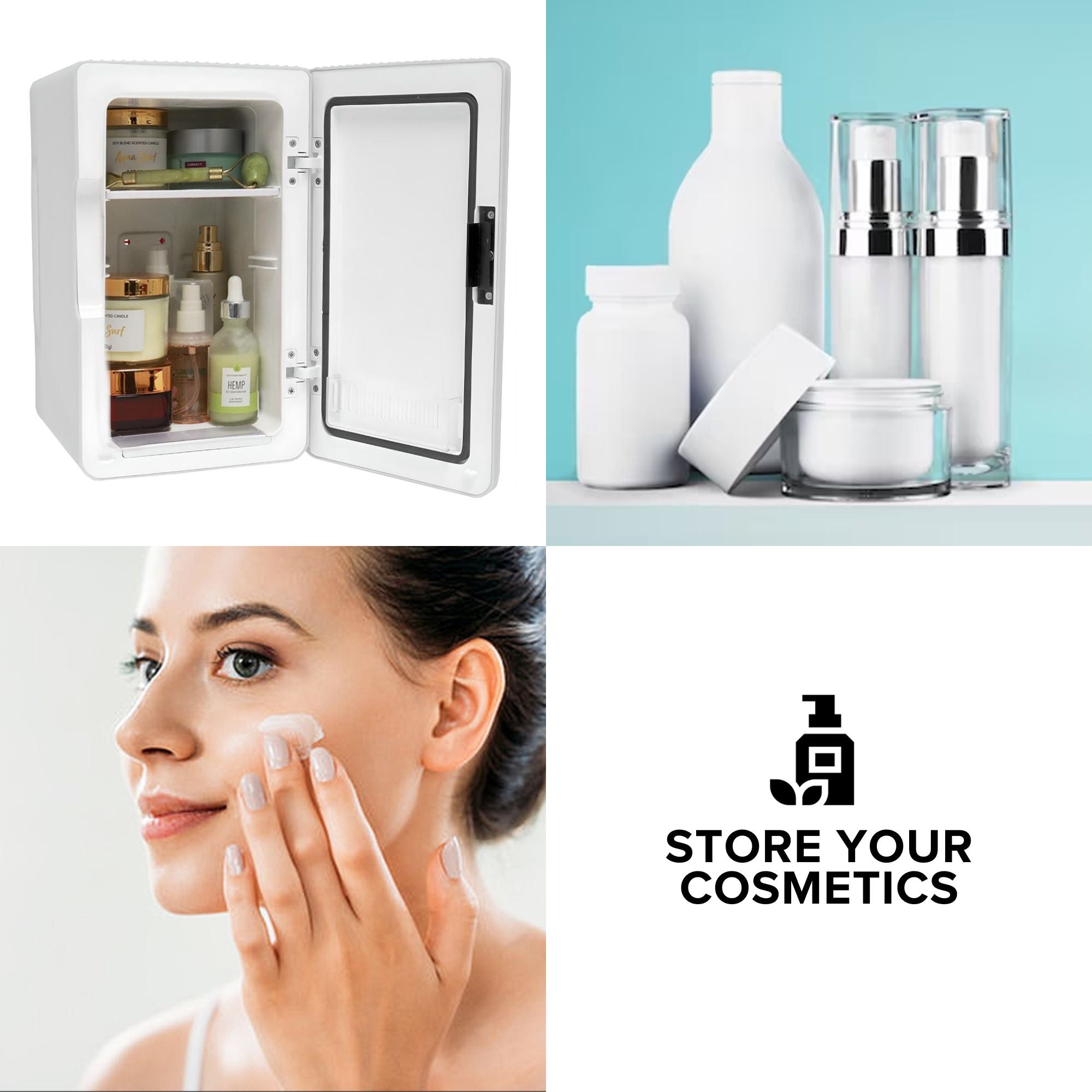 Three images show the Koolatron 6 L mini fridge open and filled with cosmetics & skincare items; white bottles and jars of beauty products on a light blue background; and a person with light skin, dark hair, and manicured fingernails applying cream to their cheek. Text reads, "Store your cosmetics"