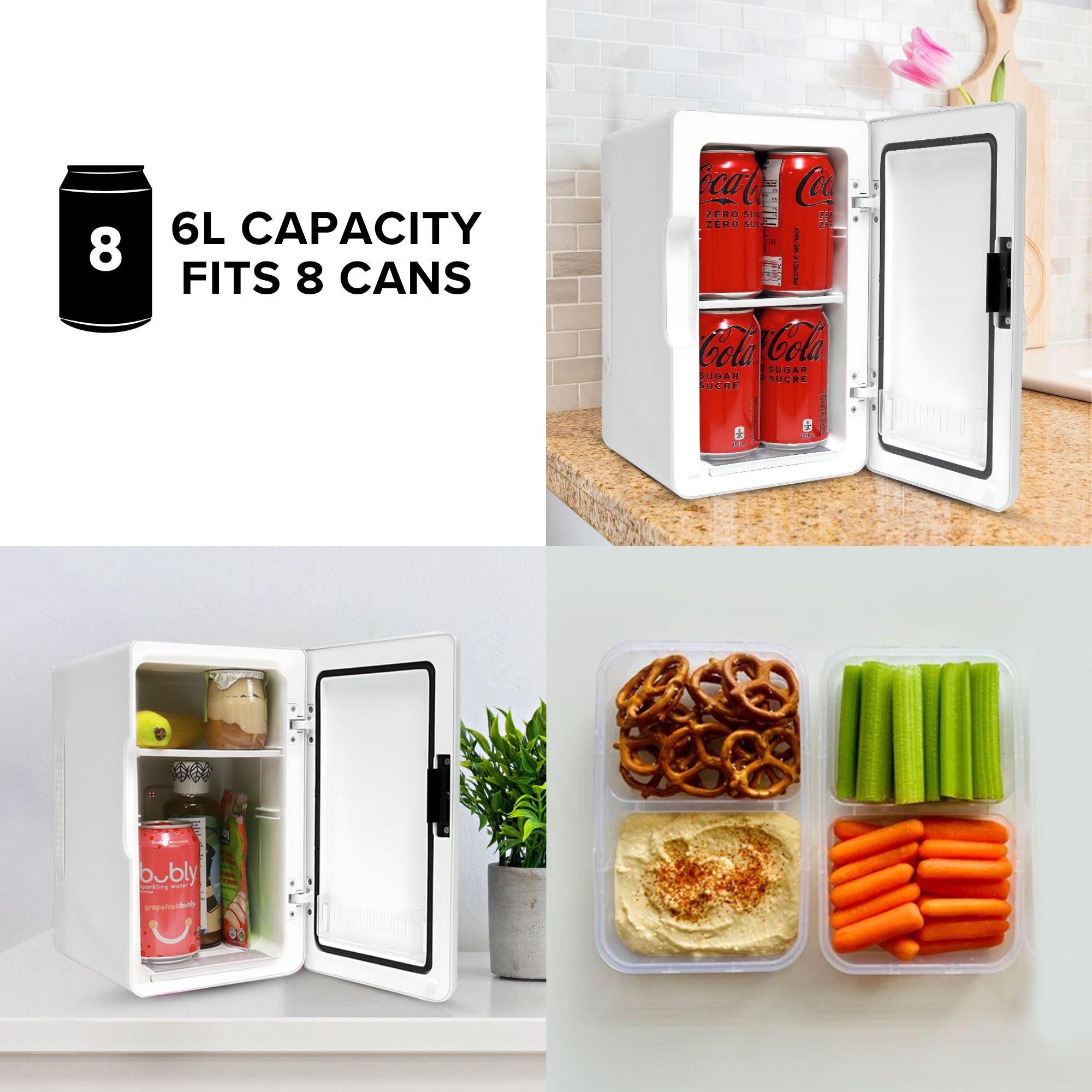 Three images show the Koolatron cooler/warmer open and filled with cans of coke on a light brown kitchen countertop; snack containers with pretzels, celery sticks, baby carrots, and hummus dip; and the mini fridge open and filled with a banana, yogurt cup, soft drink can, applesauce pouch, and bottle of medicine. Text reads, "6L capacity; fits 8 cans"