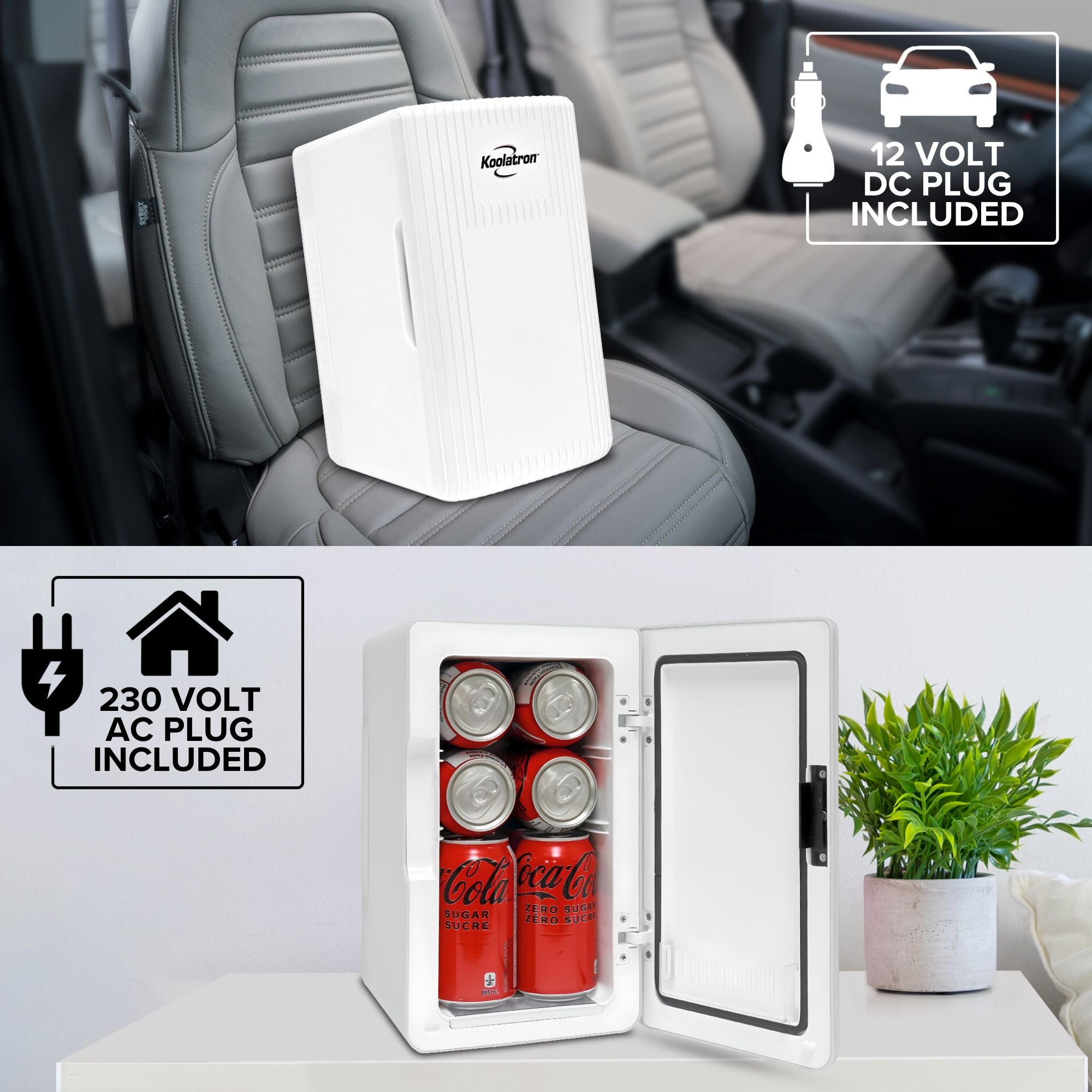 Top half shows the Koolatron portable mini fridge, closed, on the seat of a car with a black leather interior with text overlay reading,"12 volt DC plug included." Bottom half shows the mini fridge, open with 6 coke cans visible and a green plant in a white pot beside it on a white nightstand with text overlay reading, "230 volt AC plug included."