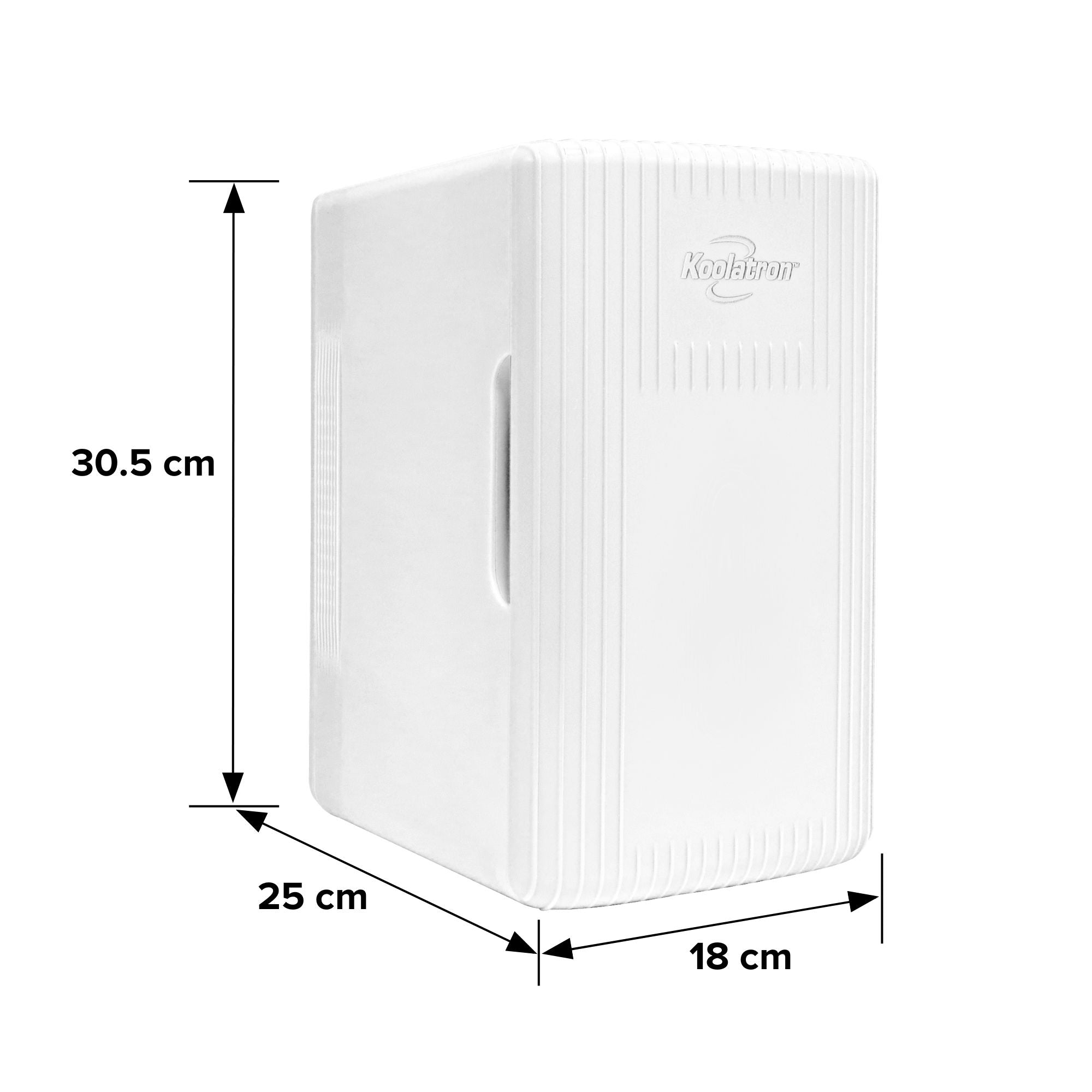 Koolatron 6 litre mini fridge, closed, with dimensions labeled, on a white background