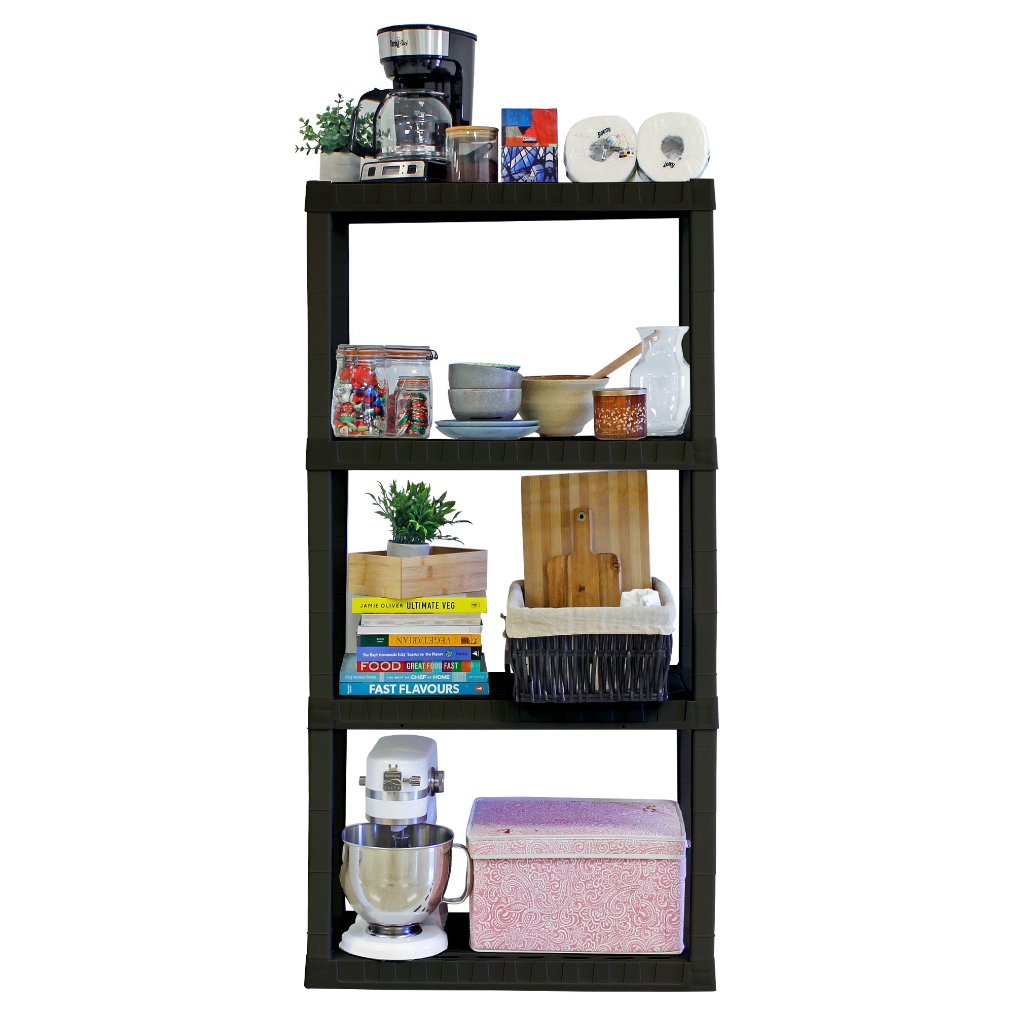 Oskar 4-Tier Storage Shelf, Holds 180 kg, H 145 X W 76 X D 36 CM, Multipurpose Organizer for Cellar, Basement, Utility Shed, Workshop, Tool-Free Assembly, Made With Recycled Materials, Black Oskar