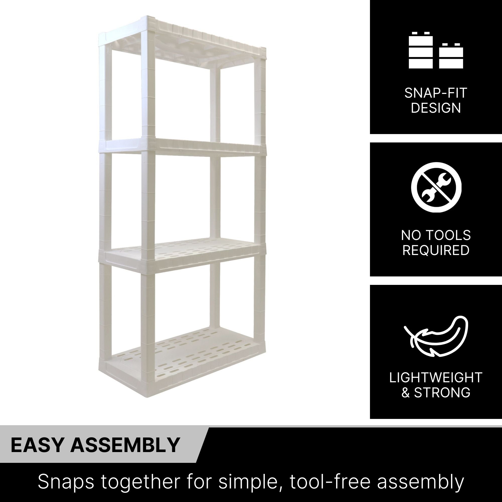 Oskar 4-Tier Storage Shelf, Holds 180 kg, H 145 X W 76 X D 36 CM, Multipurpose Organizer for Cellar, Basement, Utility Shed, Workshop, Tool-Free Assembly, Made With Recycled Materials, White Oskar