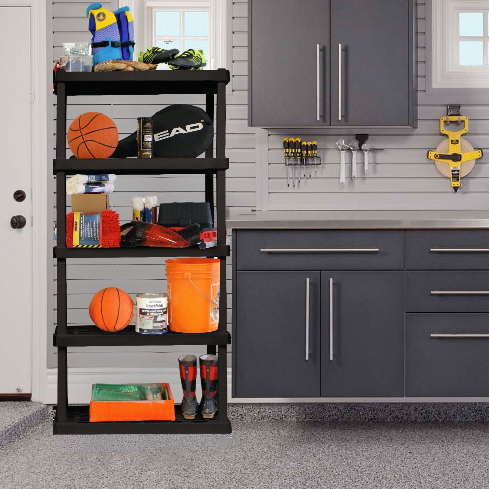 Oskar Garage Shelving Units Large Interlocking Shelving Unit, 5-Tier, Tool-Free Assembly, Heavy Duty Storage Shelf D46 X W92 X H188 CM Multipurpose Home Organization System For Garage, Cellar, Workshop, Utility Shed, Black Oskar
