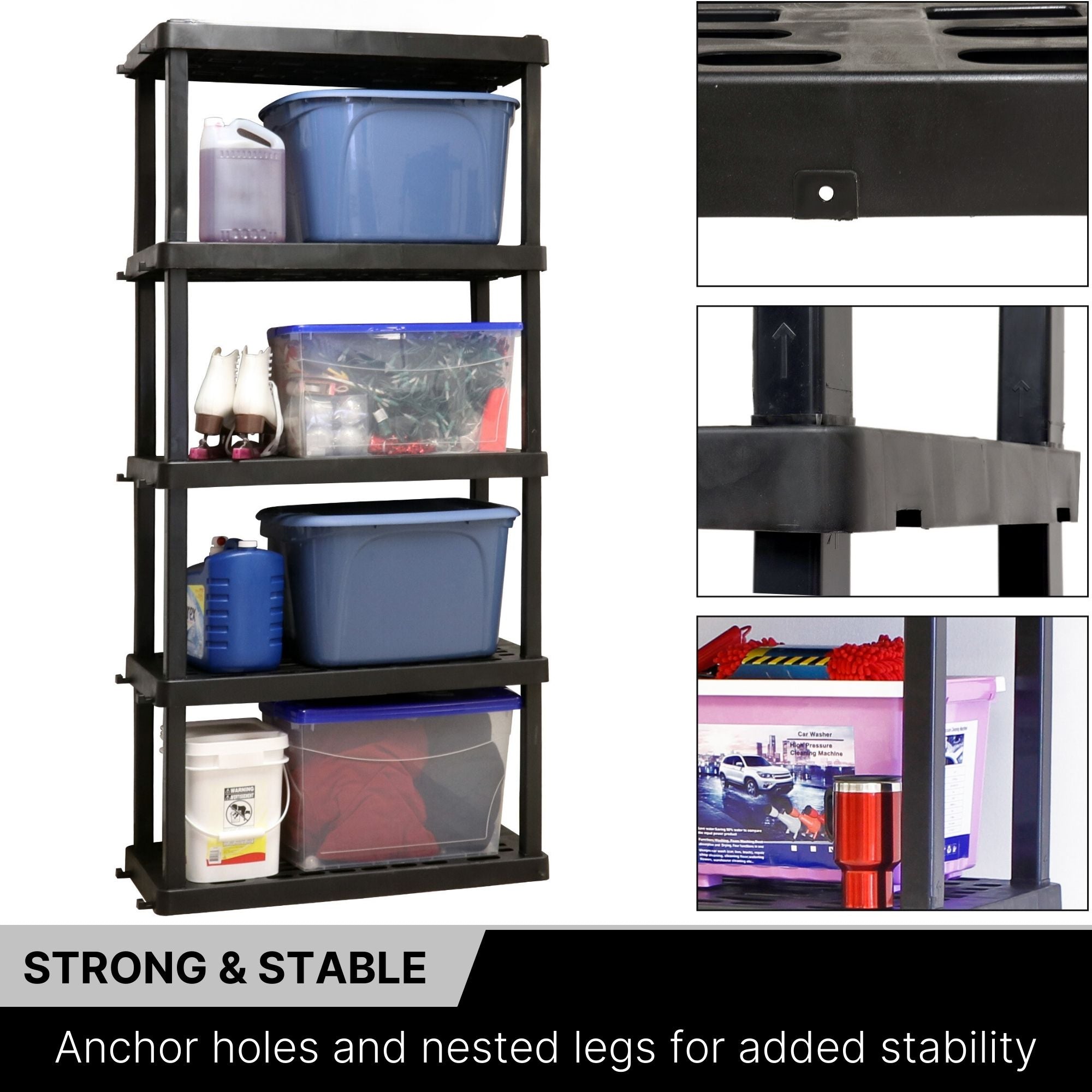 Oskar Garage Shelving Units Large Interlocking Shelving Unit, 5-Tier, Tool-Free Assembly, Heavy Duty Storage Shelf D46 X W92 X H188 CM Multipurpose Home Organization System For Garage, Cellar, Workshop, Utility Shed, Black Oskar