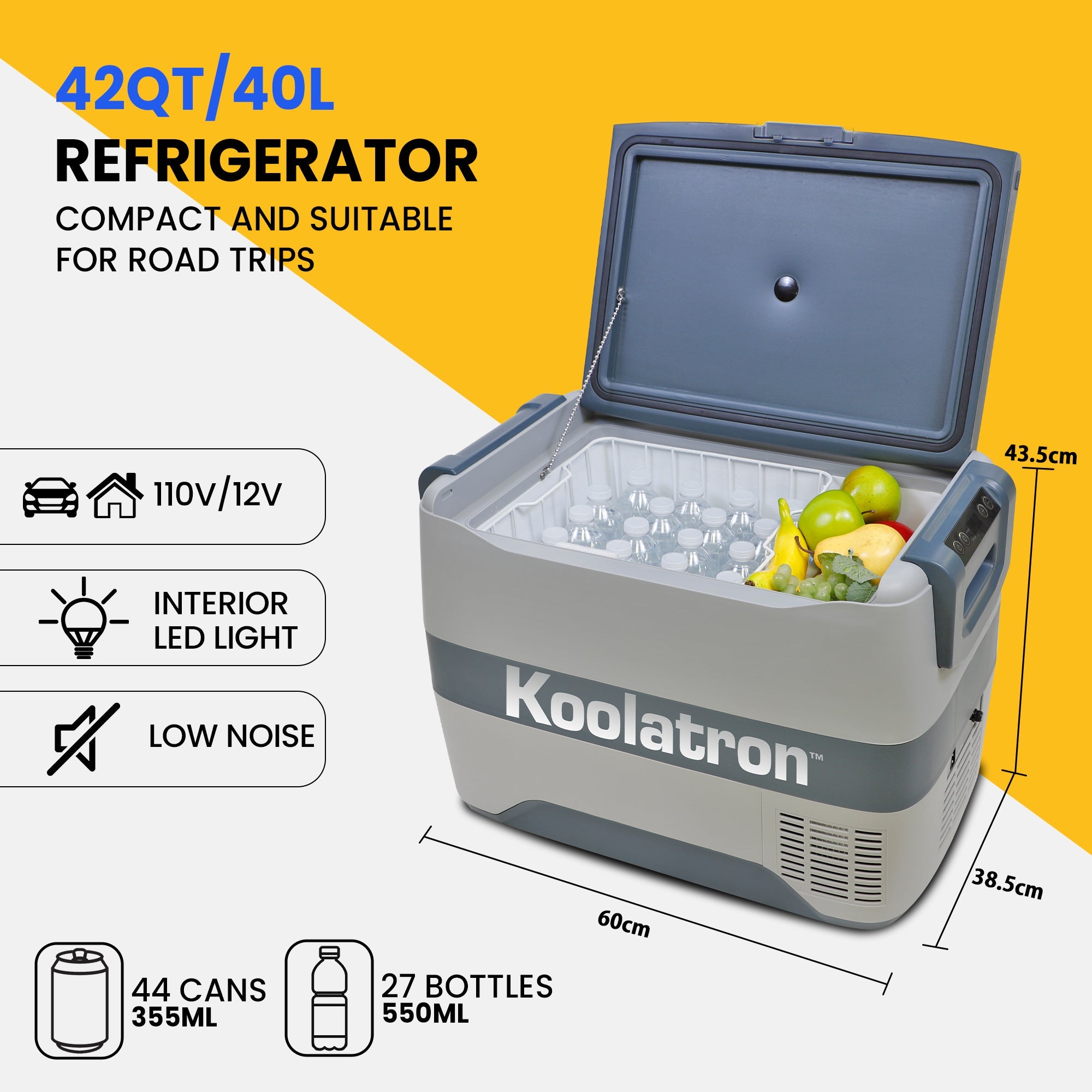 Fridge Freezer Electric Cool Box 40L Cooler Box Portable 12v Camping Car Fridge Refrigerator For Campervan Perfect for Road Trips Compressor Cooling Koolatron UK