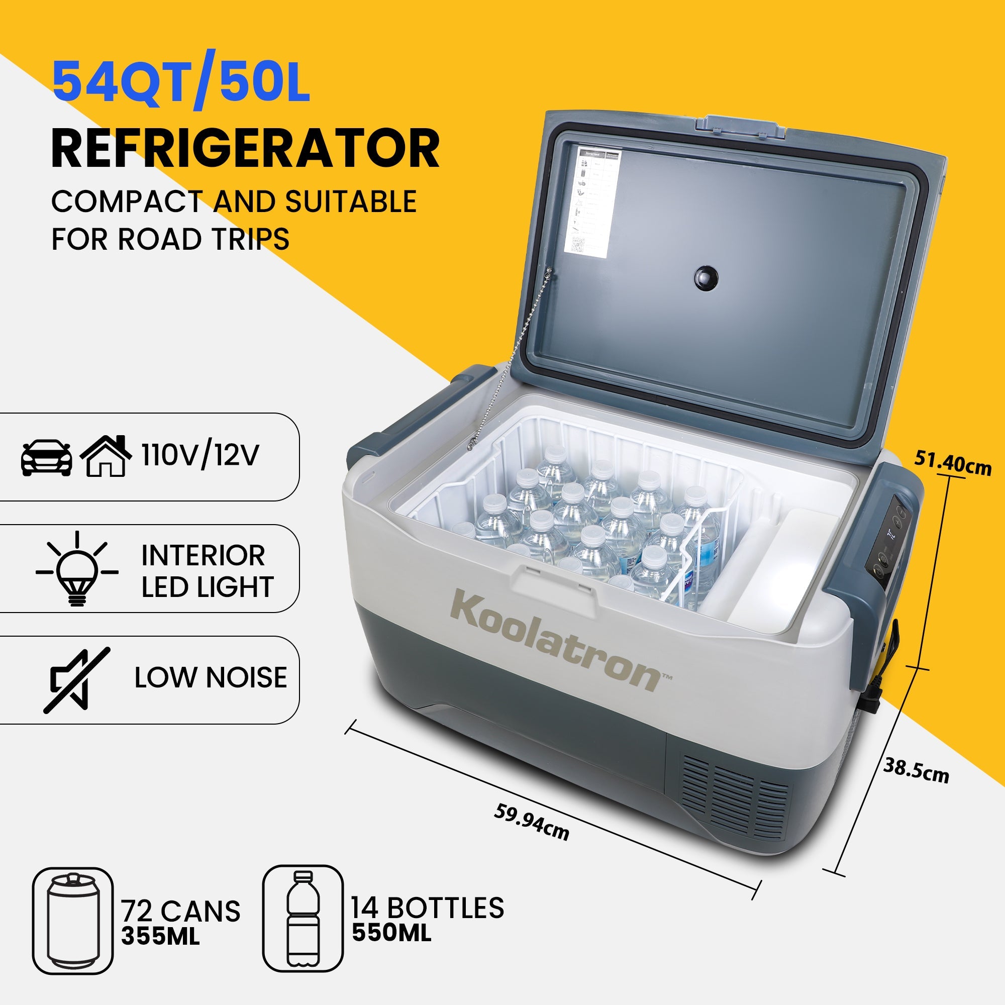 Fridge Freezer Electric Cool Box 50L Cooler Box Portable 12v Camping Car Fridge Refrigerator For Campervan Perfect for Road Trips Compressor Cooling Koolatron UK