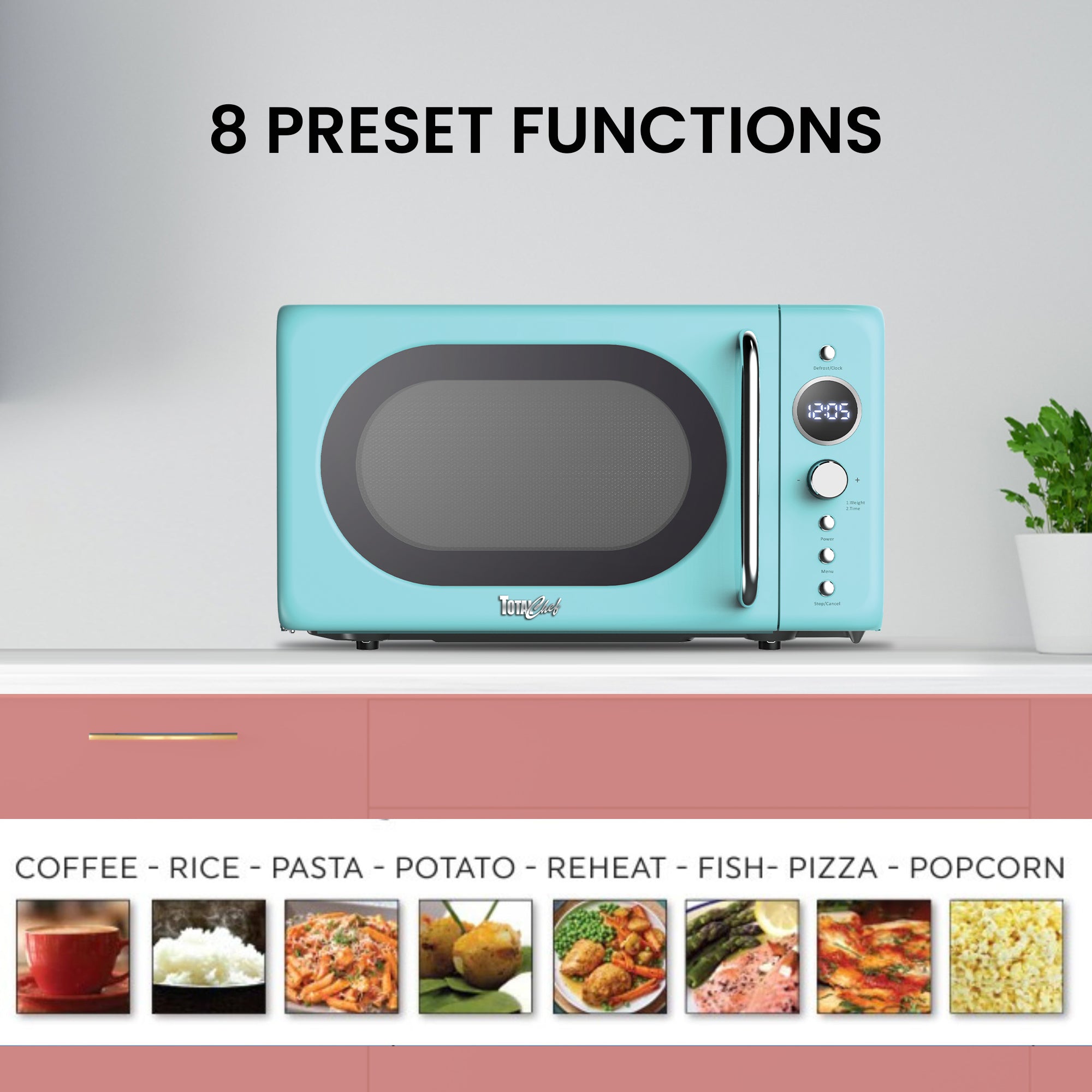 Retro Microwave Oven, 20L/0.7 Cu Ft 700W, 8 Pre-set Modes, Quick Start & Defrost By Wgt/Time, 5 Cooking Power Levels, Digital LED Display, Compact Countertop Black Microwave Ovens, Blue Total Chef