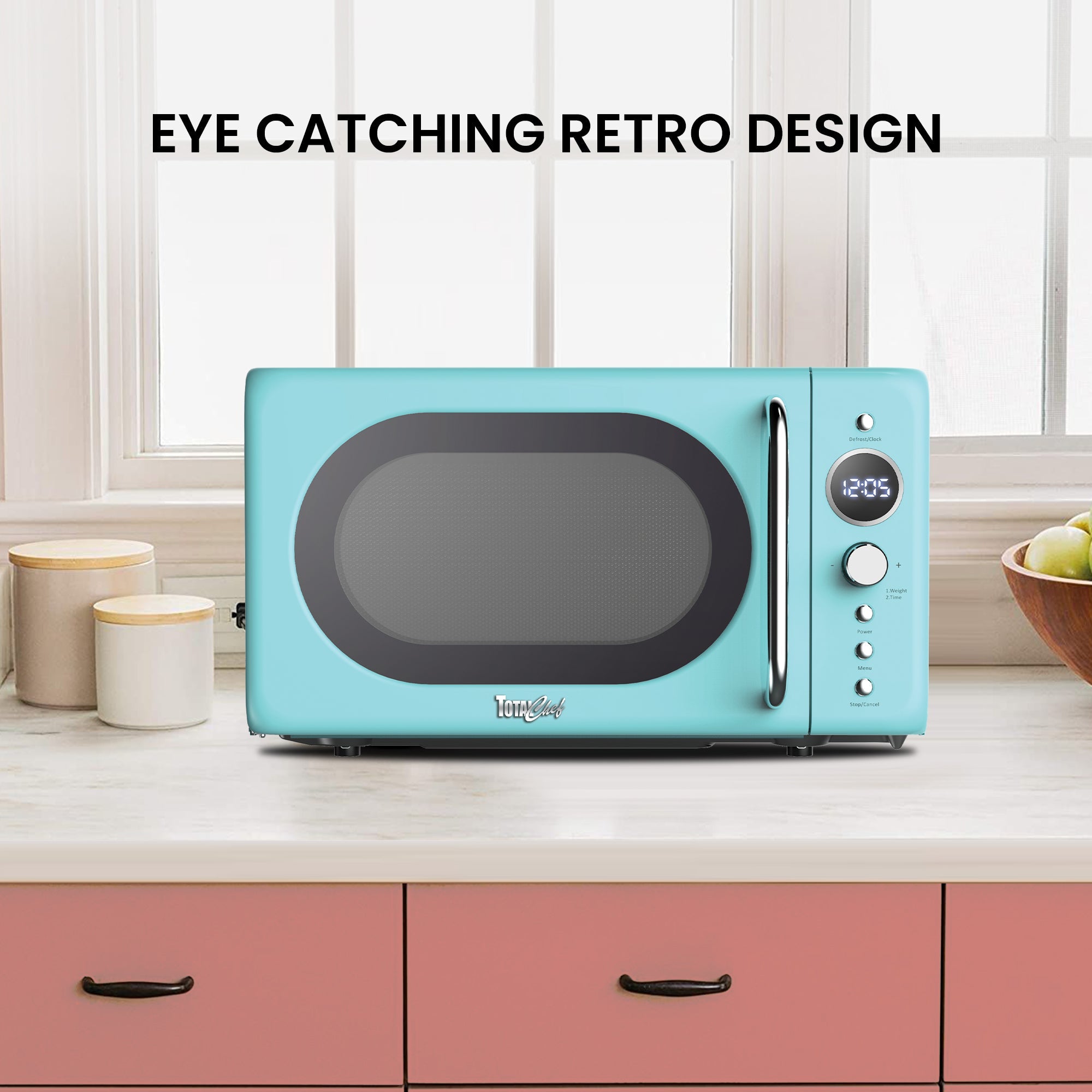 Retro Microwave Oven, 20L/0.7 Cu Ft 700W, 8 Pre-set Modes, Quick Start & Defrost By Wgt/Time, 5 Cooking Power Levels, Digital LED Display, Compact Countertop Black Microwave Ovens, Blue Total Chef