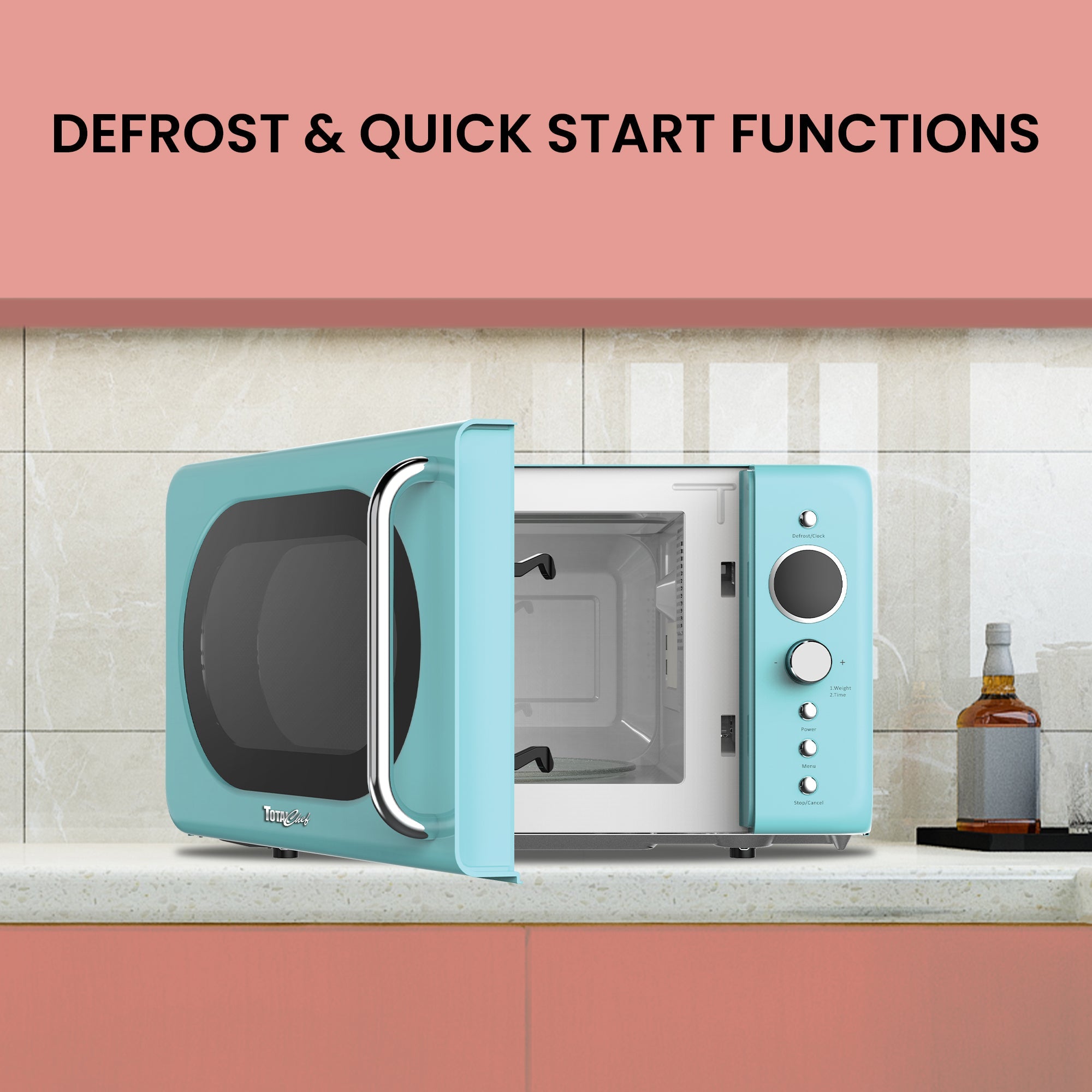 Retro Microwave Oven, 20L/0.7 Cu Ft 700W, 8 Pre-set Modes, Quick Start & Defrost By Wgt/Time, 5 Cooking Power Levels, Digital LED Display, Compact Countertop Black Microwave Ovens, Blue Total Chef