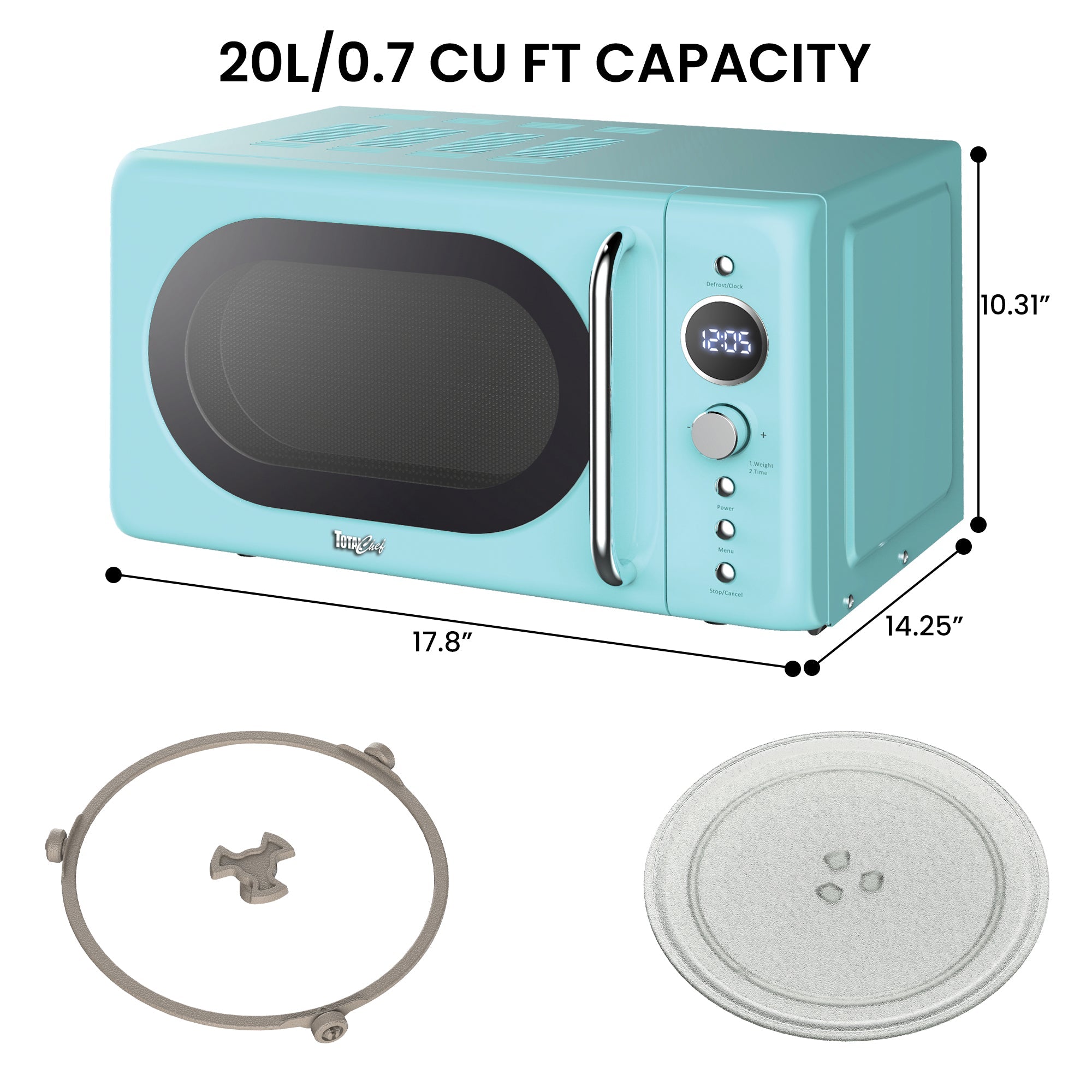 Retro Microwave Oven, 20L/0.7 Cu Ft 700W, 8 Pre-set Modes, Quick Start & Defrost By Wgt/Time, 5 Cooking Power Levels, Digital LED Display, Compact Countertop Black Microwave Ovens, Blue Total Chef