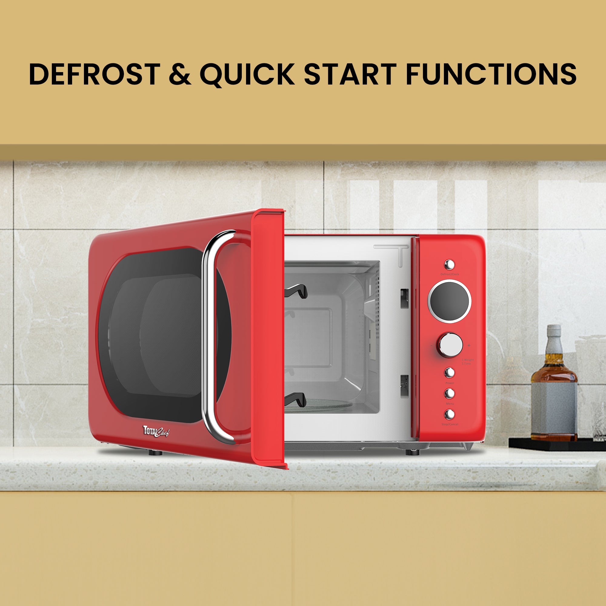 Retro Microwave Oven, 20L/0.7 Cu Ft 700W, 8 Pre-set Modes, Quick Start & Defrost By Wgt/Time, 5 Cooking Power Levels, Digital LED Display, Compact Countertop Black Microwave Ovens, Red Total Chef