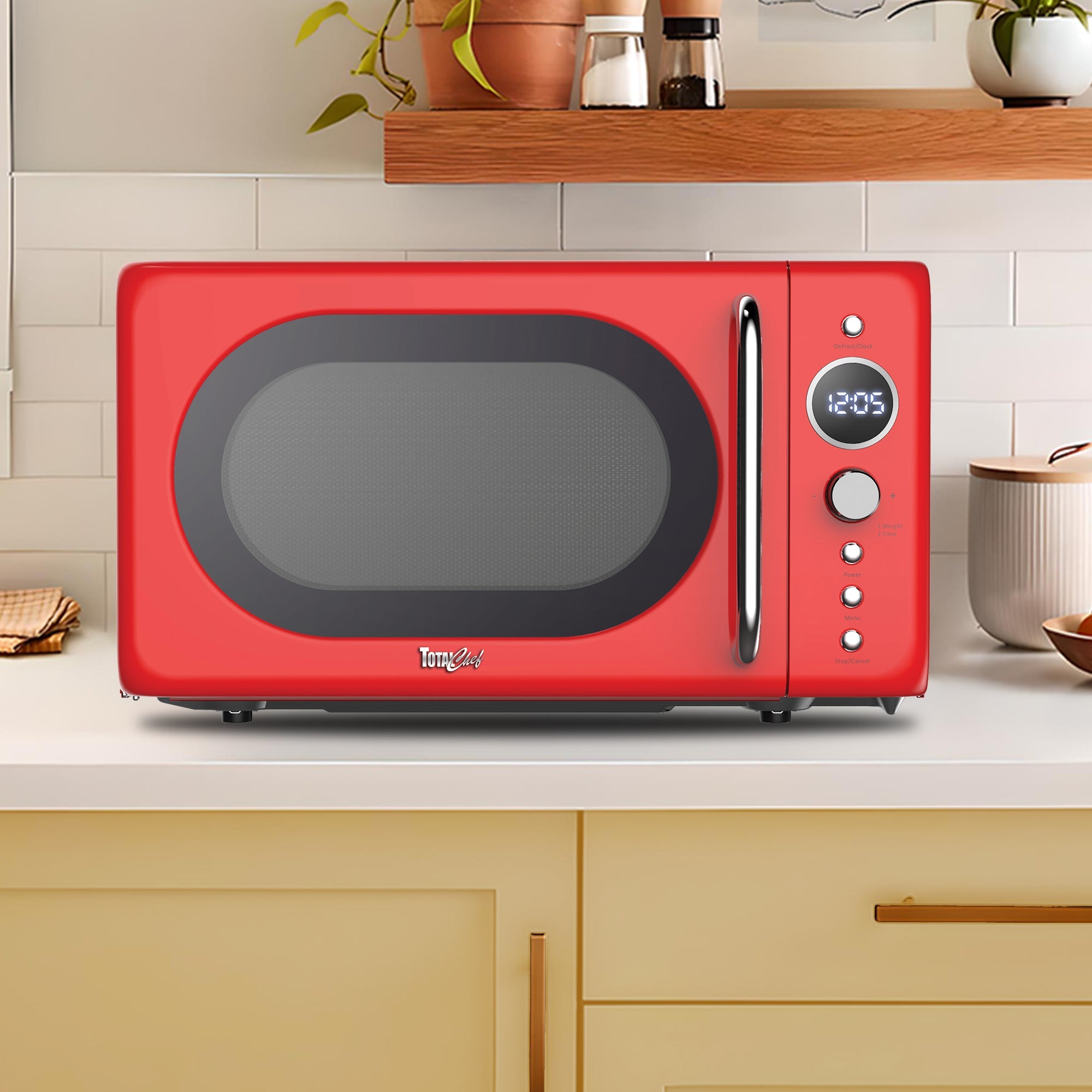 Retro Microwave Oven, 20L/0.7 Cu Ft 700W, 8 Pre-set Modes, Quick Start & Defrost By Wgt/Time, 5 Cooking Power Levels, Digital LED Display, Compact Countertop Black Microwave Ovens, Red Total Chef