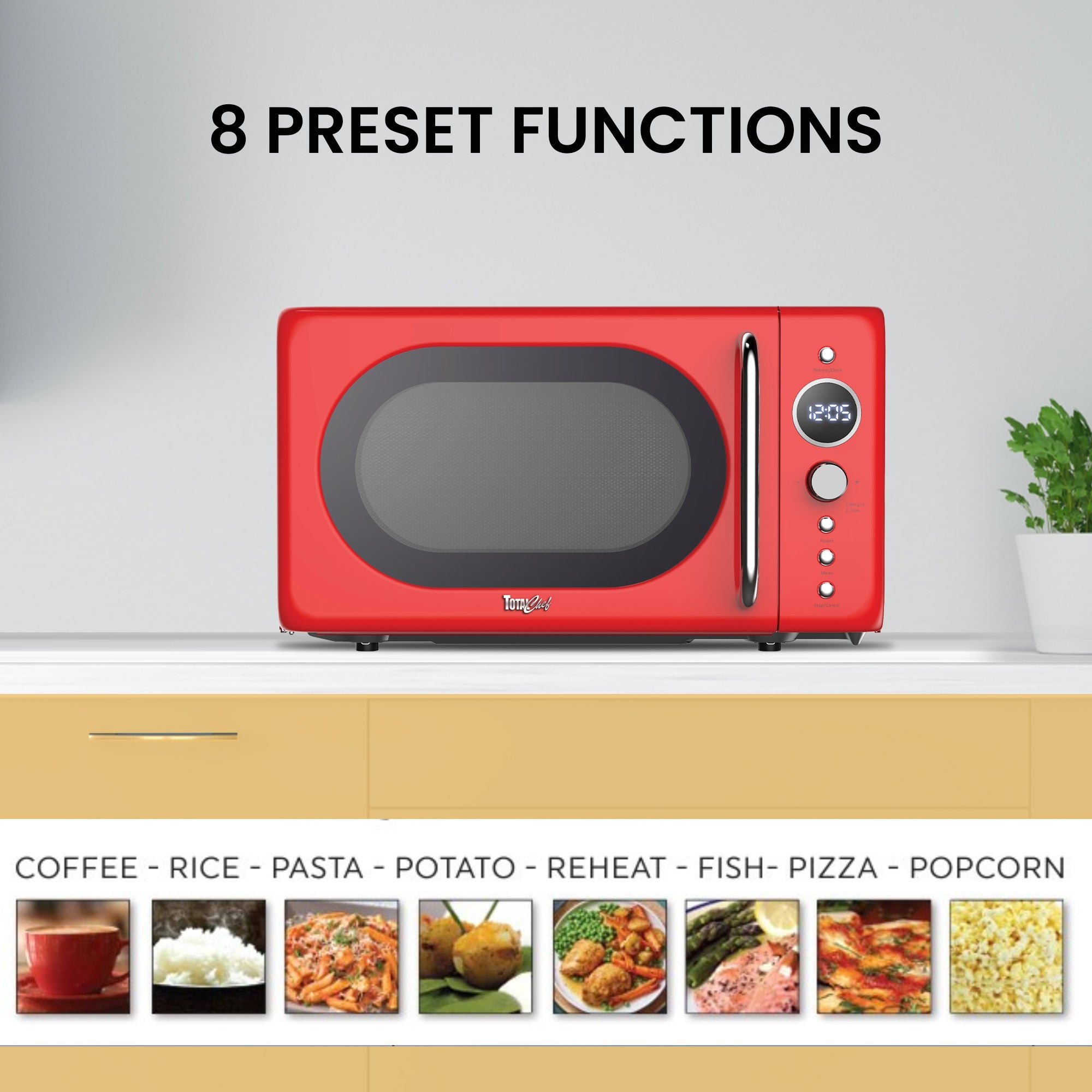 Retro Microwave Oven, 20L/0.7 Cu Ft 700W, 8 Pre-set Modes, Quick Start & Defrost By Wgt/Time, 5 Cooking Power Levels, Digital LED Display, Compact Countertop Black Microwave Ovens, Red Total Chef