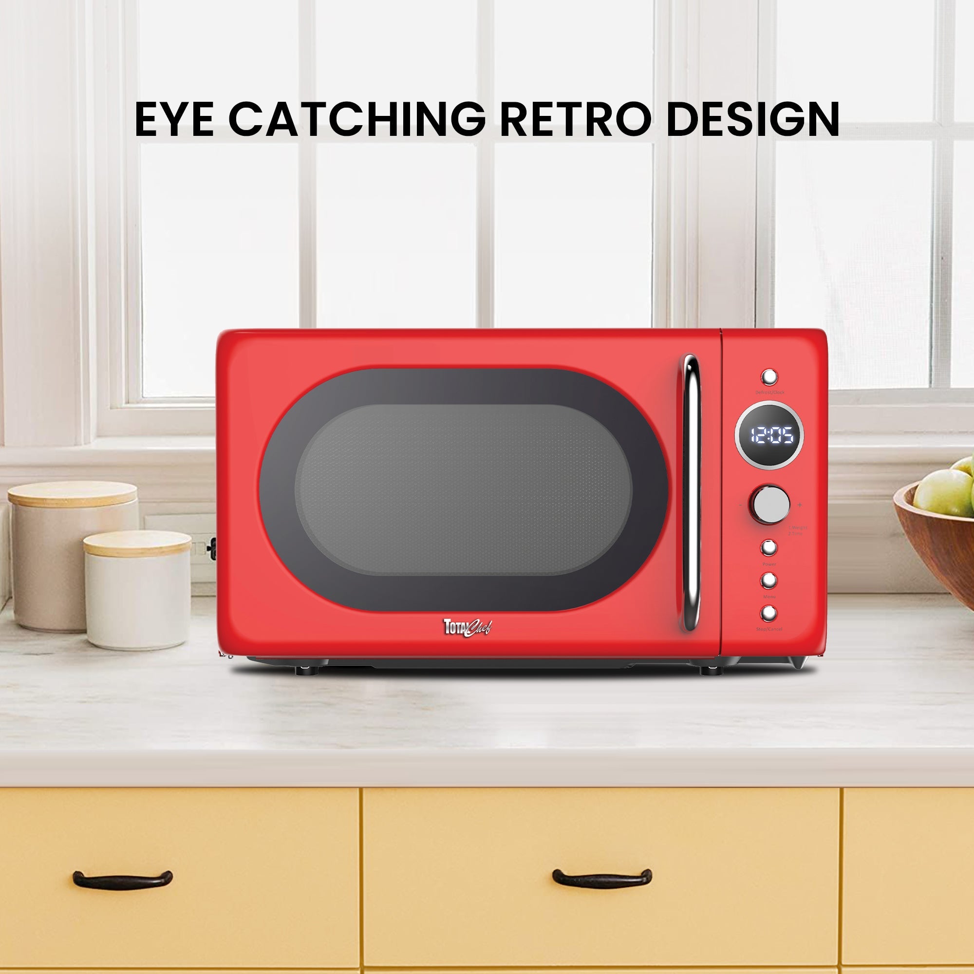 Retro Microwave Oven, 20L/0.7 Cu Ft 700W, 8 Pre-set Modes, Quick Start & Defrost By Wgt/Time, 5 Cooking Power Levels, Digital LED Display, Compact Countertop Black Microwave Ovens, Red Total Chef