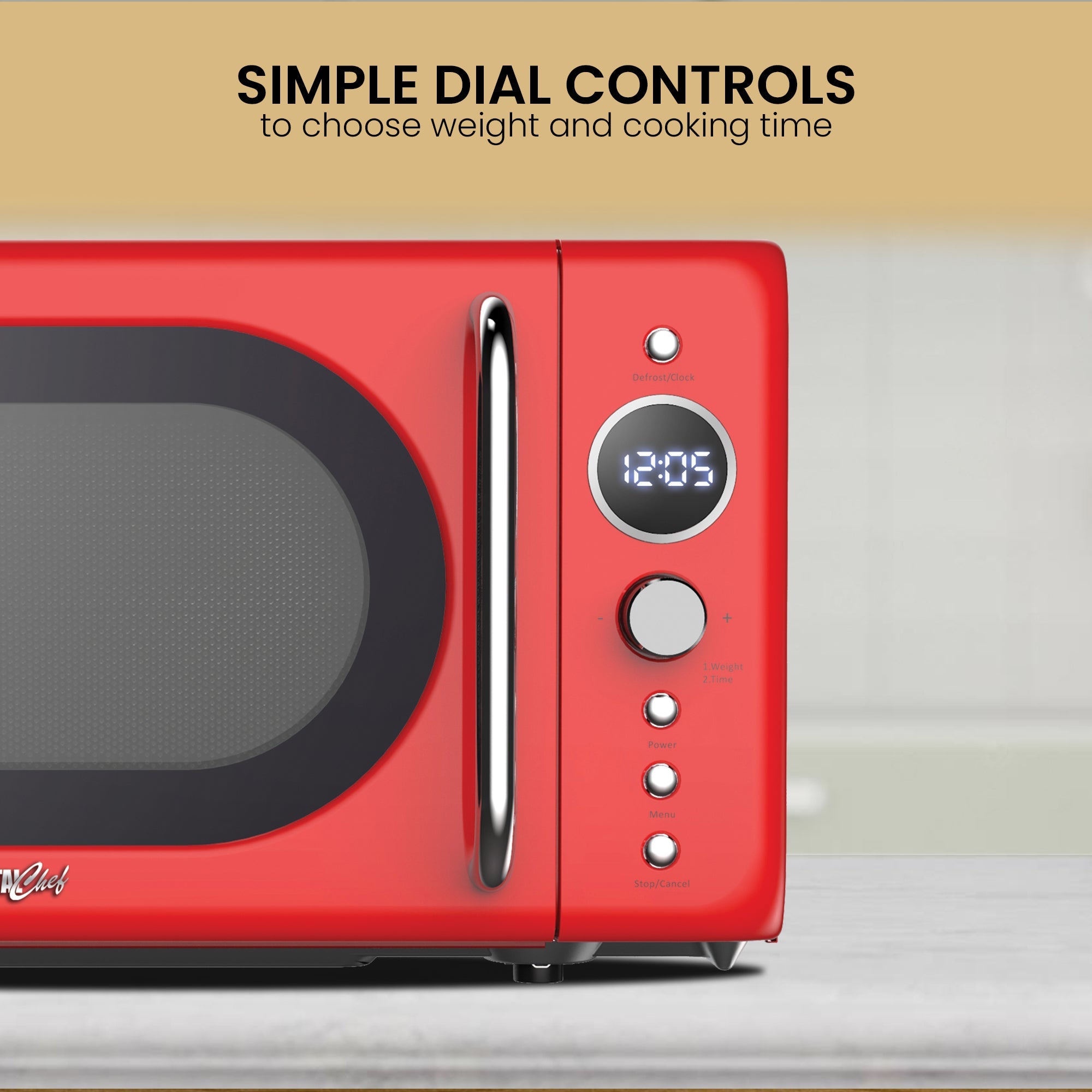 Retro Microwave Oven, 20L/0.7 Cu Ft 700W, 8 Pre-set Modes, Quick Start & Defrost By Wgt/Time, 5 Cooking Power Levels, Digital LED Display, Compact Countertop Black Microwave Ovens, Red Total Chef