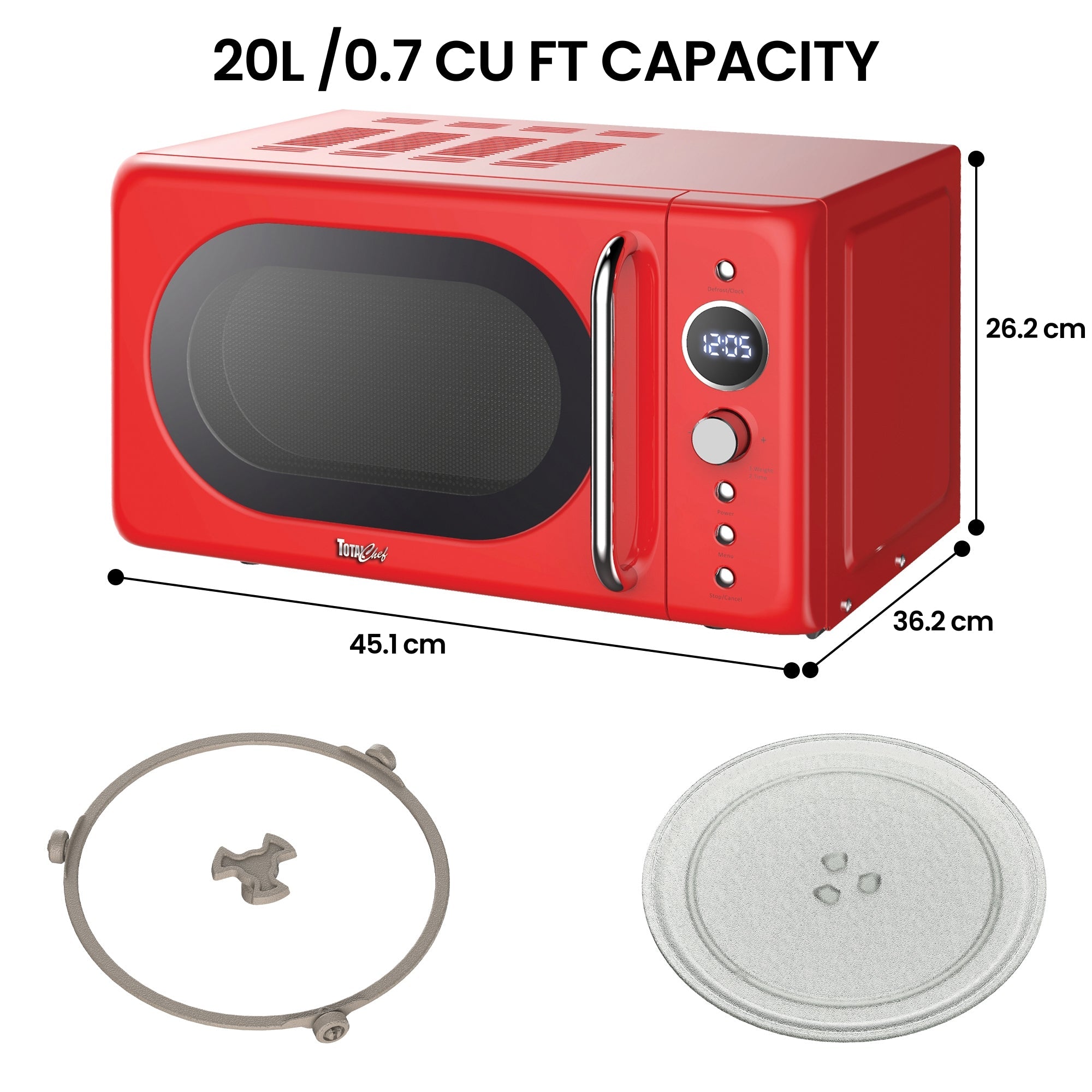 Retro Microwave Oven, 20L/0.7 Cu Ft 700W, 8 Pre-set Modes, Quick Start & Defrost By Wgt/Time, 5 Cooking Power Levels, Digital LED Display, Compact Countertop Black Microwave Ovens, Red Total Chef