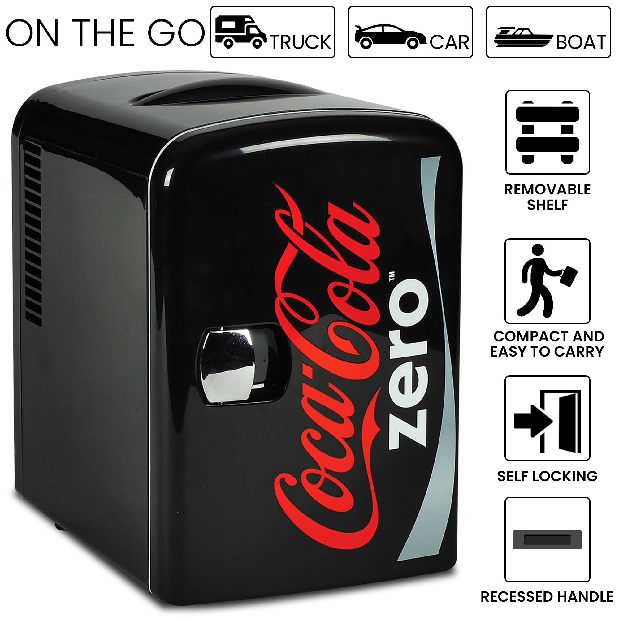 Coke Zero 4L Mini Fridge 6 Can Black Cooler & Warmer for Bedroom, Gaming Room or Office (12V)