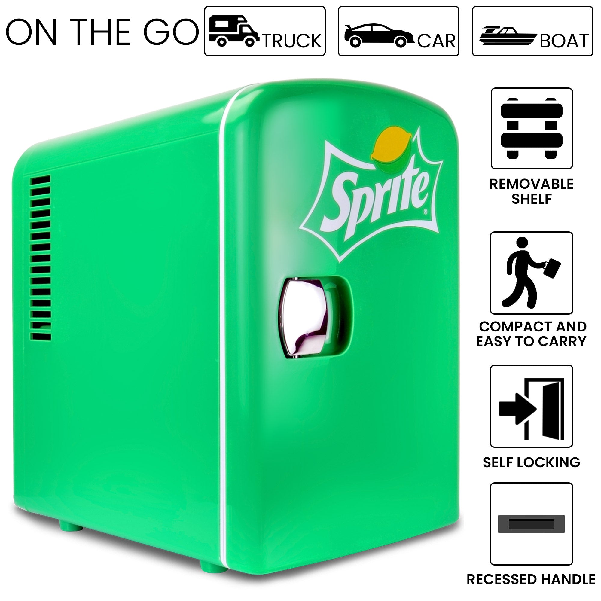 Sprite 4L Mini Fridge 6 Can Tabletop Cooler & Warmer for Bedroom, Desk or Car (12V, Green)