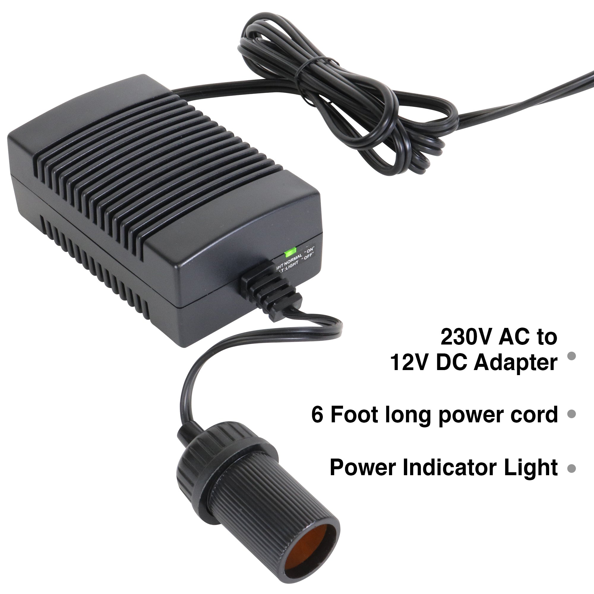 Koolatron AC to DC power adapter on a white background with text reading, “110V AC to 12V DC Adapter; 6 foot long power cord; power indicator light”