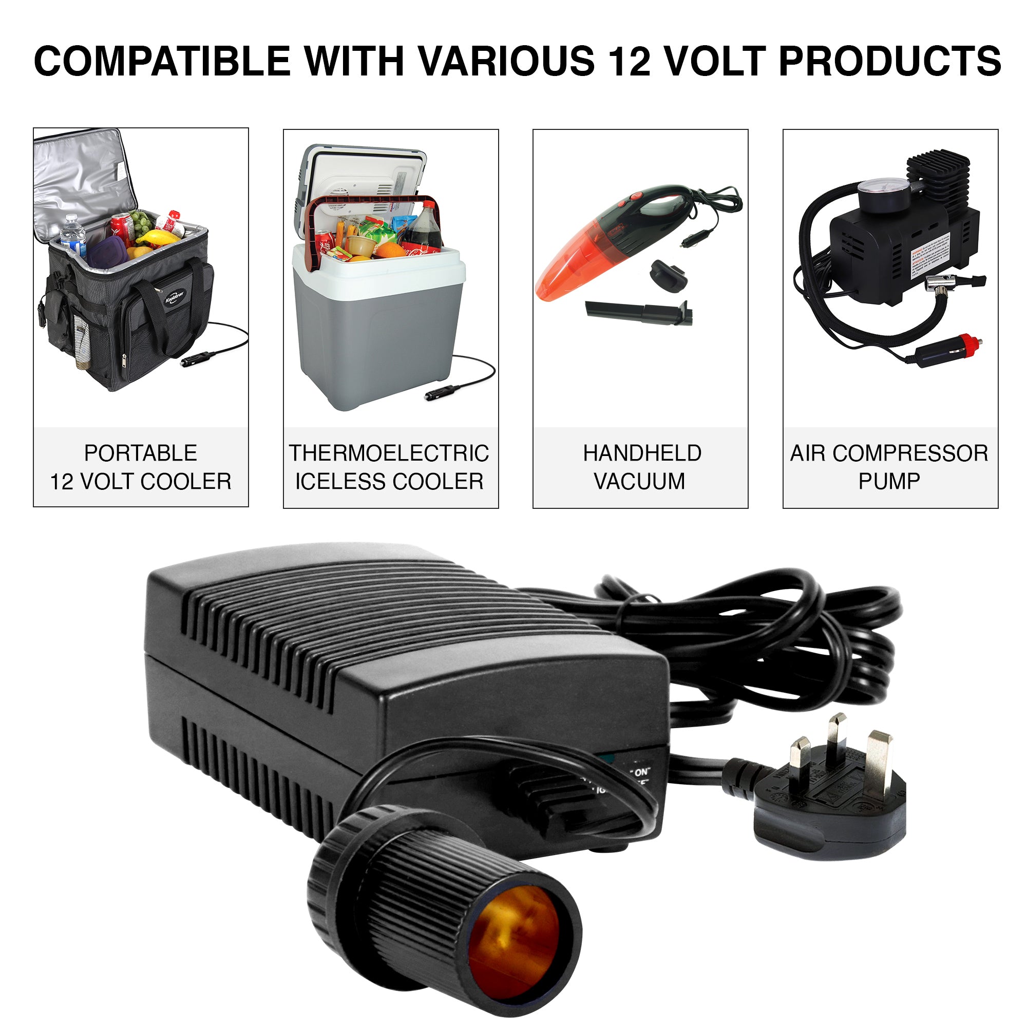 Koolatron AC to DC power adapter on a white background with a row of 4 inset images above showing a black and gray soft-sided 12V cooler; a gray and white thermoelectric iceless cooler; a handheld red and black vacuum; and an air compressor pump. Text above reads, “Compatible with various 12 Volt products”
