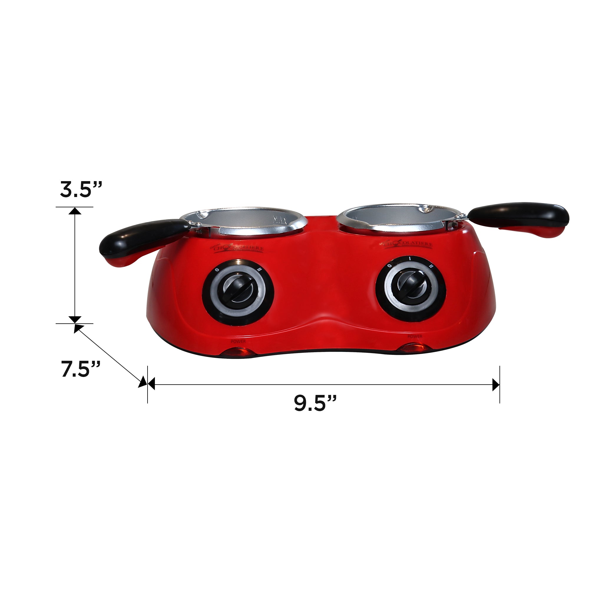 Product shot of dual chocolate melter on white background with dimensions labeled