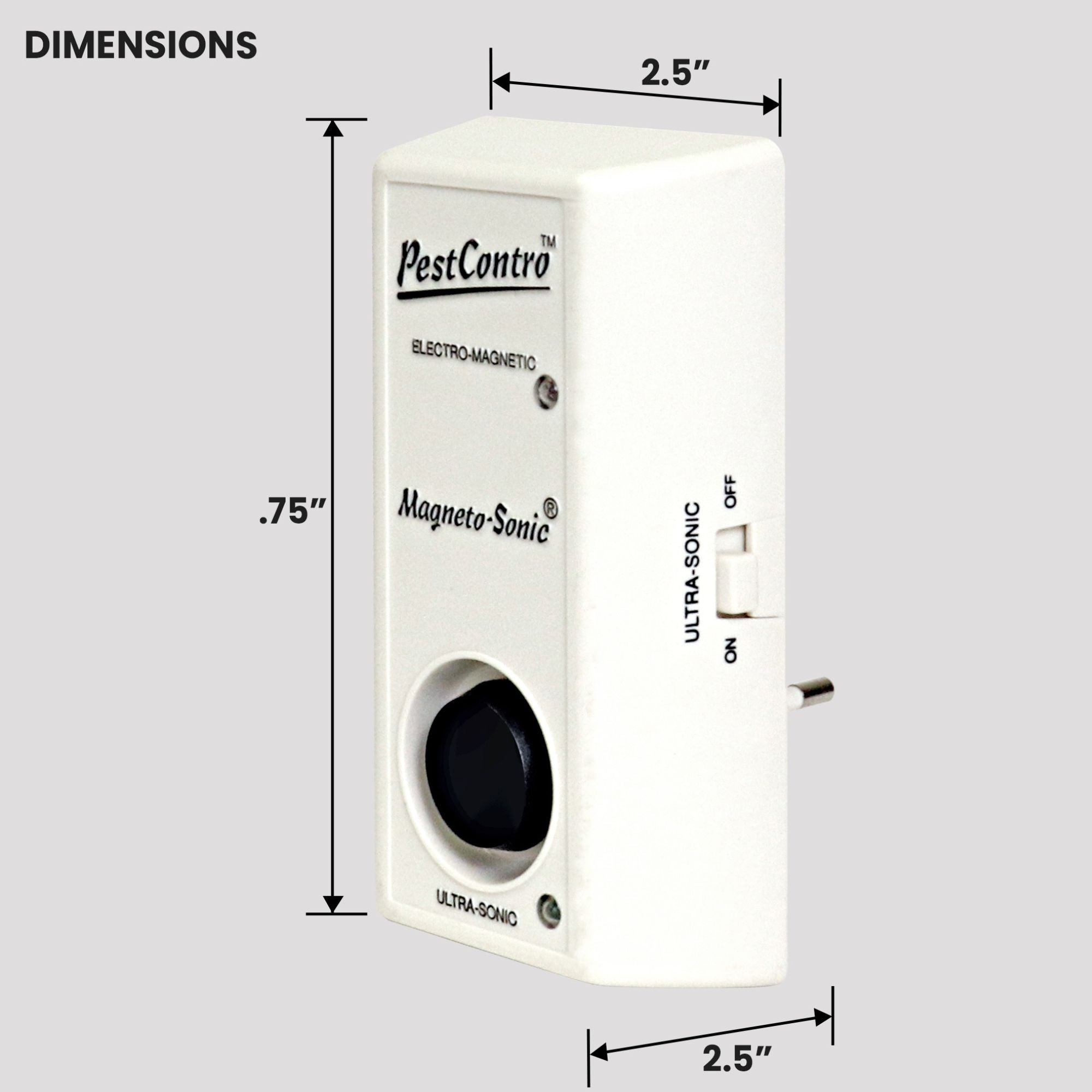 Product shot of pest repeller on a light gray background with dimensions labeled