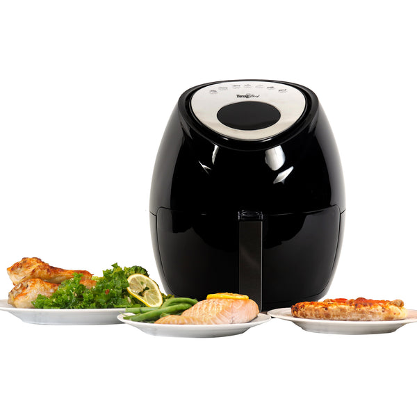 Product shot of Total Chef air fryer with plates of cooked food arranged around it on a white background