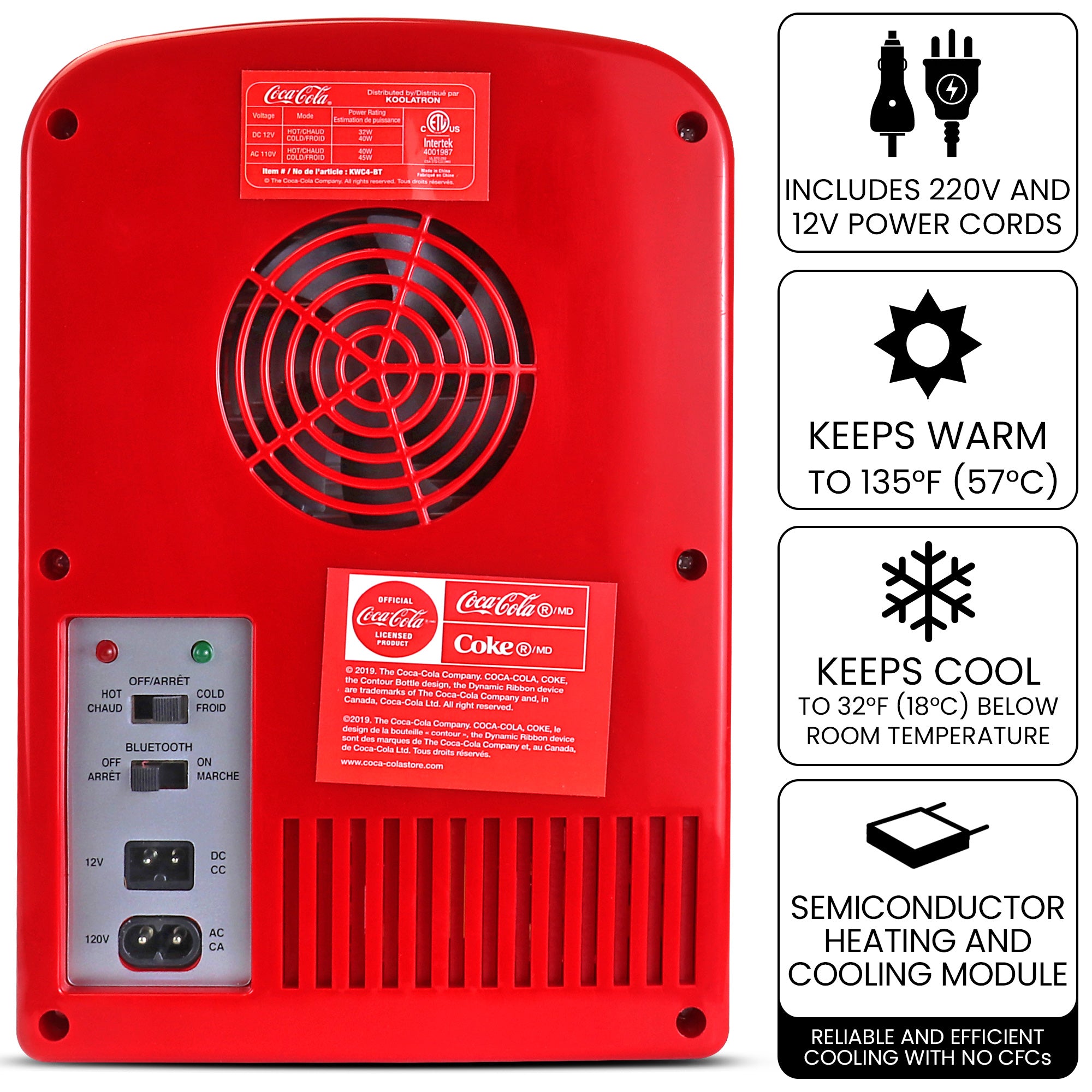Product shot of the back of Coca-Cola cooler/speaker on a white background with power/hot/cold switch and plug sockets visible. Text and icons to the right describe: Includes 110V and 12V power cords; Keeps warm to 135F (57C); Keeps cool to 32F (18C) below room temperature; semiconductor heating and cooling module - reliable and efficient cooling with no CFCs