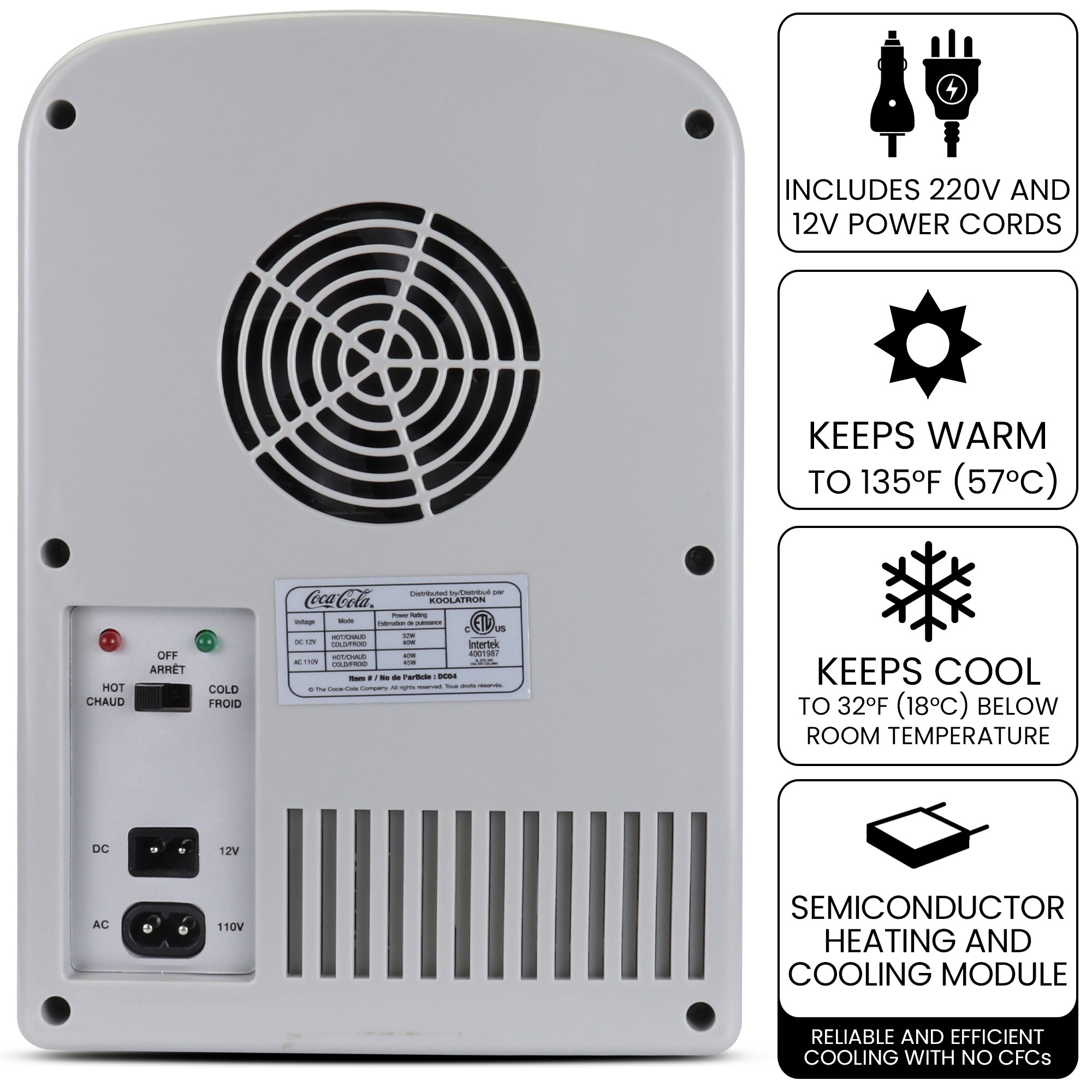 Product shot of the back of the Coca-Cola Diet Coke 4L 12V cooler on a white background with power/hot/cold switch and plug sockets visible. Text and icons to the right describe: Includes 110V and 12V power cords; Keeps warm to 135F (57 C); Keeps cool to 32F (18C) below room temperature; semiconductor heating and cooling module - reliable and efficient cooling with no CFCs