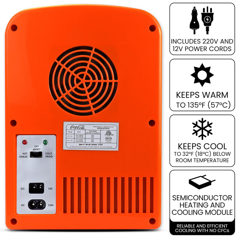 Product shot of the back of the Coca-Cola Fanta 4L 12V cooler on a white background with power/hot/cold switch and plug sockets visible. Text and icons to the right describe: Includes 110V and 12V power cords; Keeps warm to 135F (57 C); Keeps cool to 32F (18C) below room temperature; semiconductor heating and cooling module - reliable and efficient cooling with no CFCs