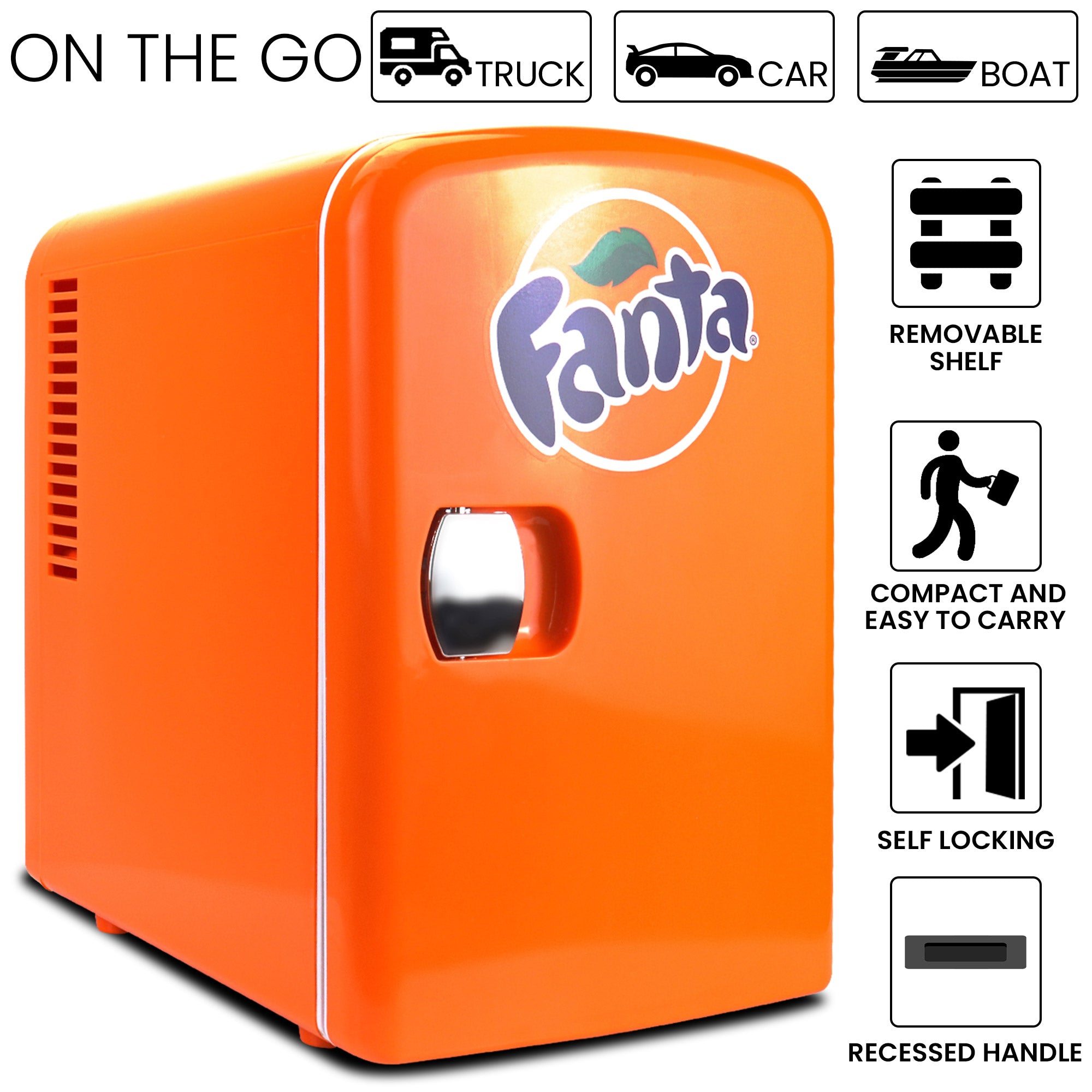 Product shot of Coca-Cola Fanta 6 can mini fridge on a white background. Text and icons above describe: On the go - truck car boat. Text and icons to the right describe: Removable shelf; compact and easy to carry; self-locking; recessed handle