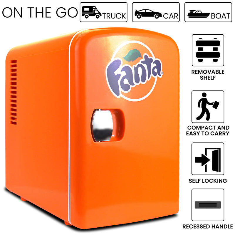Product shot of Coca-Cola Fanta 6 can mini fridge on a white background. Text and icons above describe: On the go - truck car boat. Text and icons to the right describe: Removable shelf; compact and easy to carry; self-locking; recessed handle