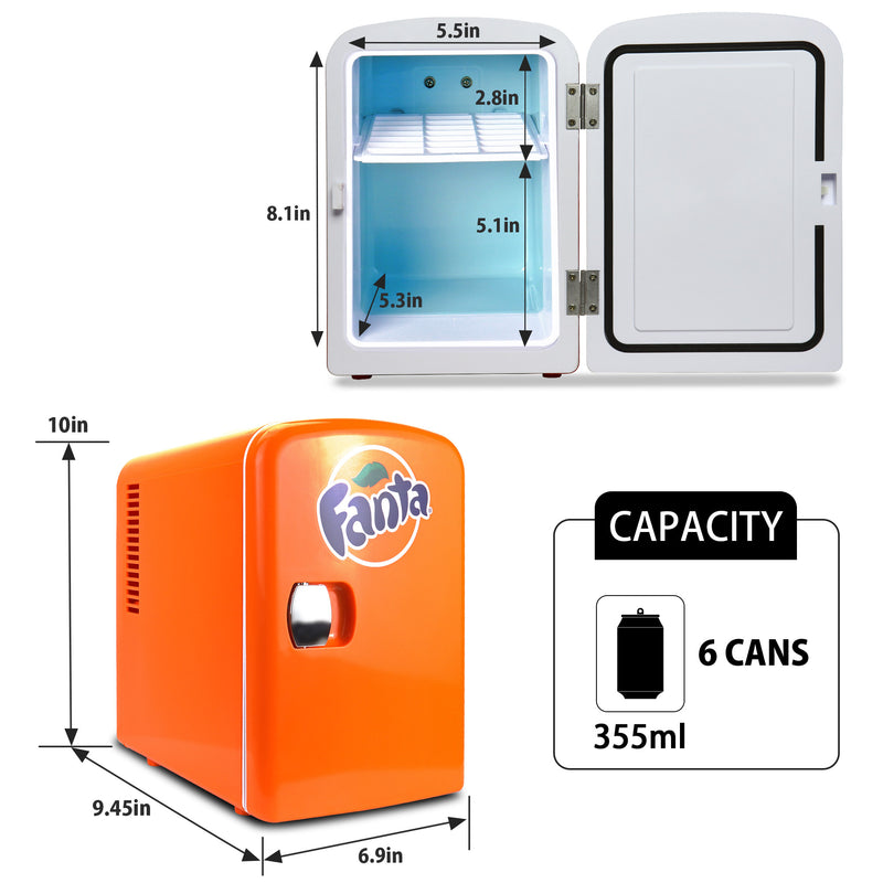 Two product shots of Coca-Cola Fanta 4L mini fridge, open and closed, on a white background, with interior and exterior dimensions labeled. Inset text and icons describes: Capacity - 6 cans 355 mL