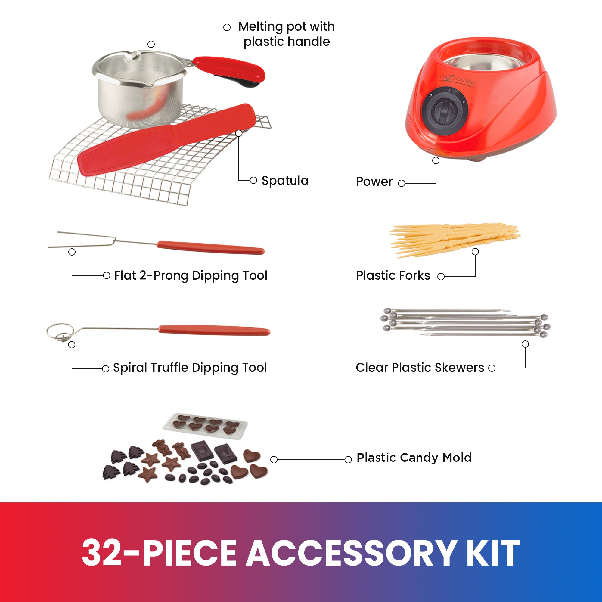 Chocolate Melting Pot Fondue Set 8.8 oz (250 g) Electric Melter for Chocolate Melts DIY Candy Maker with 32-Piece Accessory Kit for Sleepover Birthday