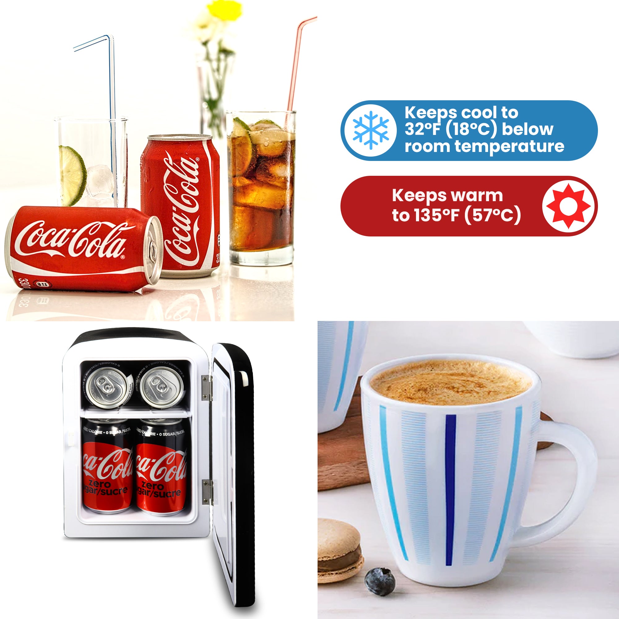 Coca Cola 4L Mini Fridge For Bedrooms Coke Zero 6 Can Table Top Cooler & Warmer Black