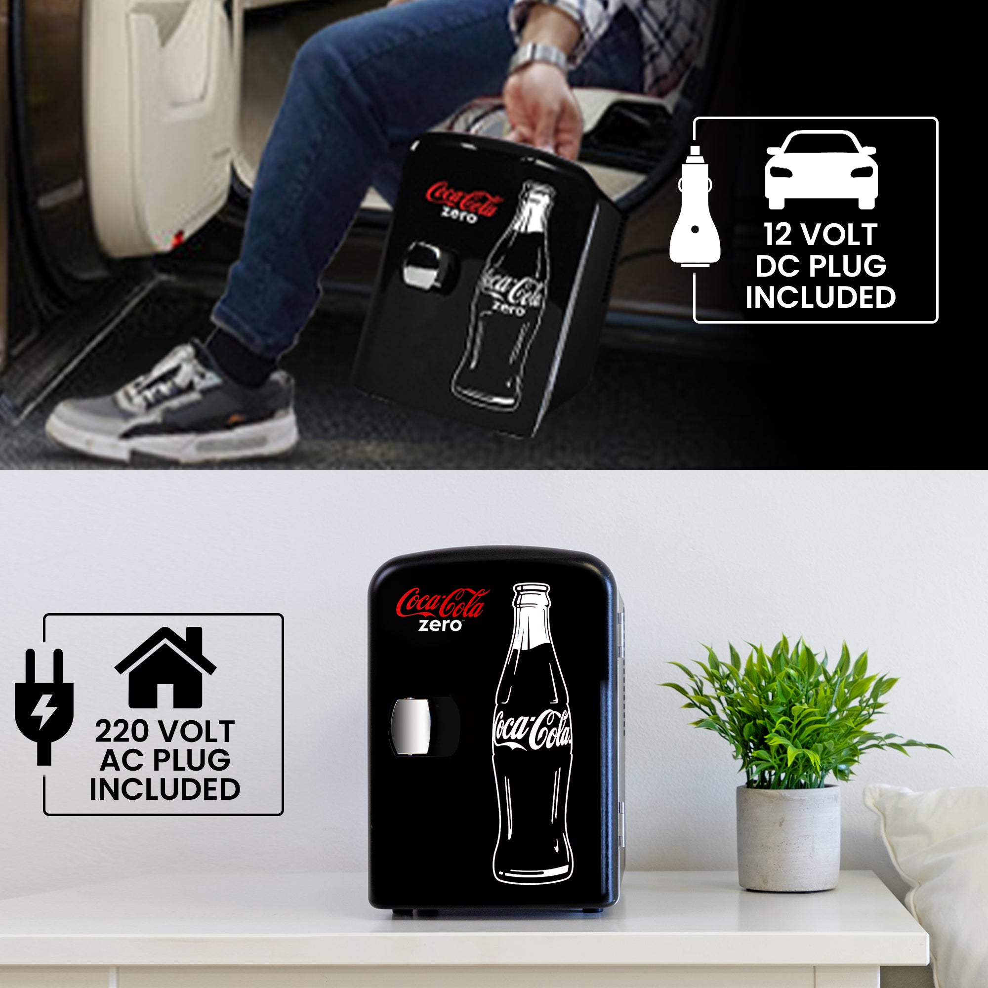 Coca-Cola Coke Zero 4L Cool Box/Warmer w/ 12V DC and 220V AC Cords, 6 Can Portable Mini Fridge, Personal Travel Refrigerator for Snacks Lunch Drinks Cosmetics, Desk Home Office Dorm, Black