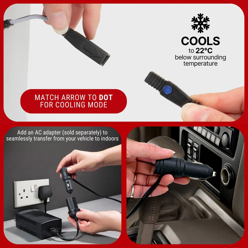 Top image shows hands connecting cords on a light gray background with text reading "COOLS to 40°F (22°C) below surrounding temperature" and "MATCH ARROW TO DOT FOR COOLING MODE." Bottom two images show hands plugging the power cord into an indoor wall outlet and a 12V car outlet. Text above the indoor image reads "Add an AC adapter (sold separately) to seamlessly transfer from your vehicle to indoors"