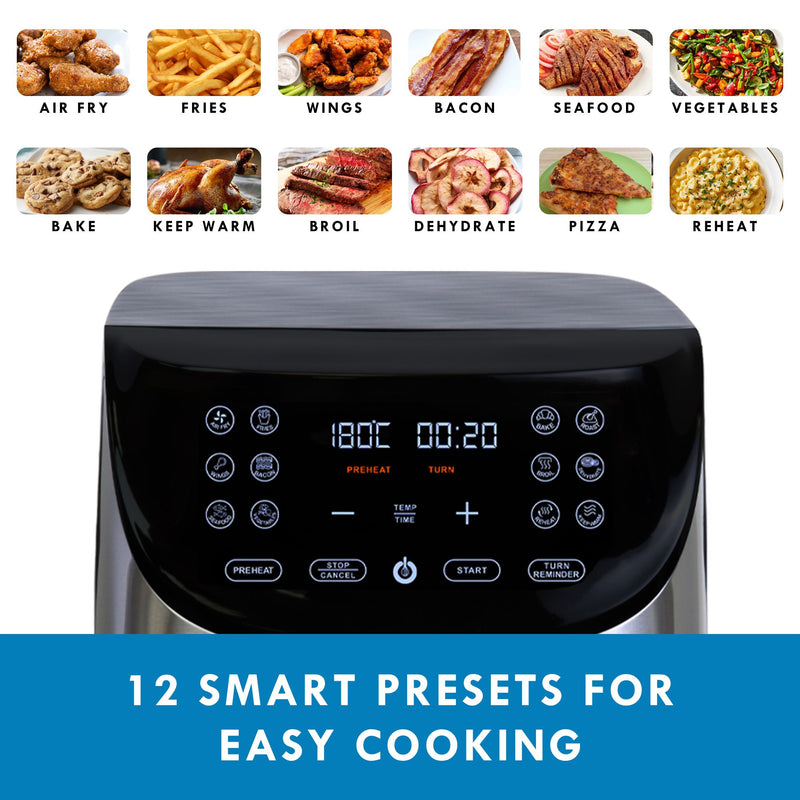 Closeup of the air fryer's digital control panel display screen with small labeled pictures above showing the 12 programs: Airfry, Fries, Wings, Bacon, Seafood, Vegetables, Bake, Keep Warm, Broil, Dehydrate, Pizza, Reheat. Text below reads, "12 smart presets for easy cooking." 