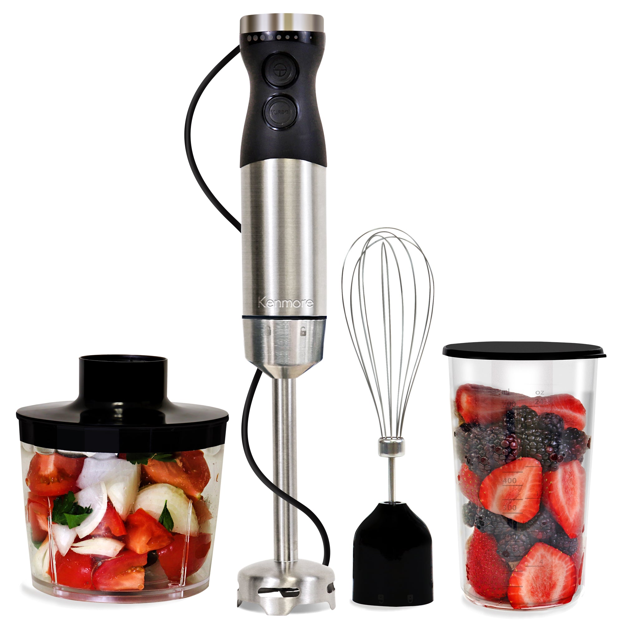 Kenmore 4-in-1 Hand Blender with Chopper Whisk Variable Speed Immersion Blender