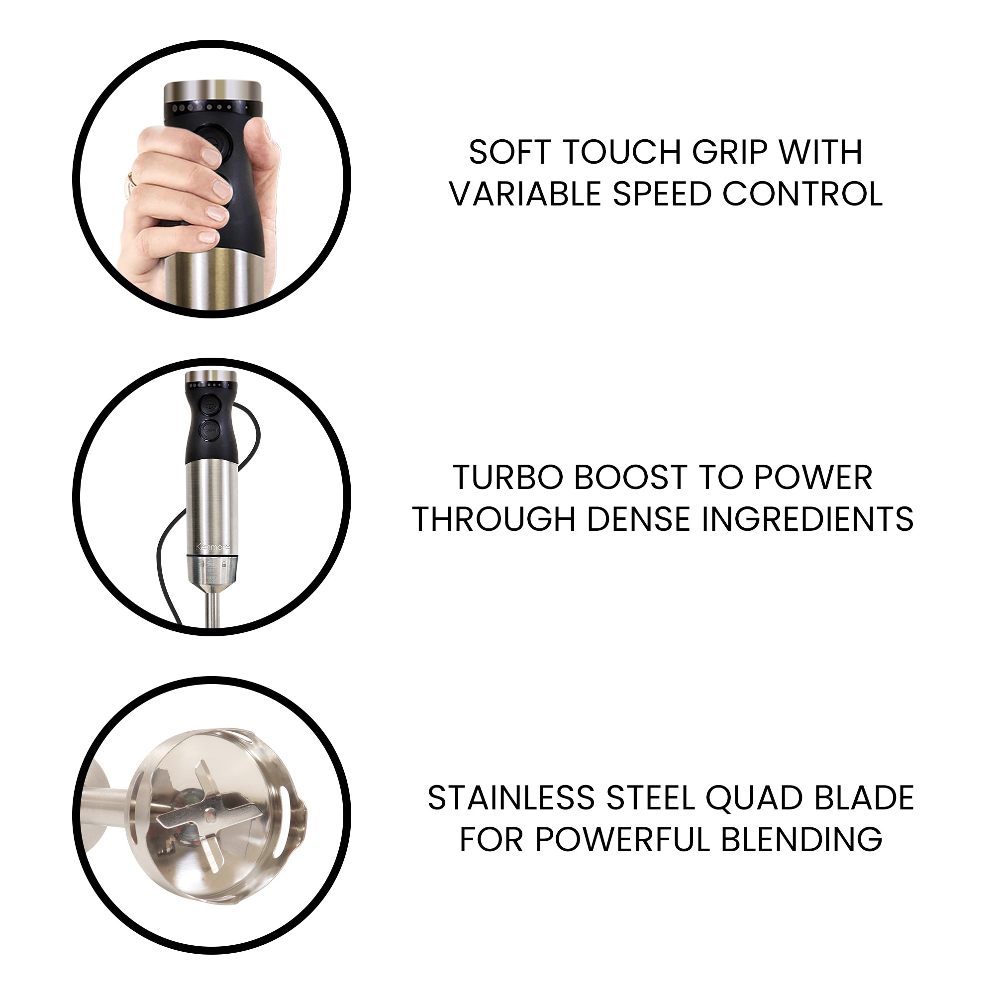 Kenmore 4-in-1 Hand Blender with Chopper Whisk Variable Speed Immersion Blender